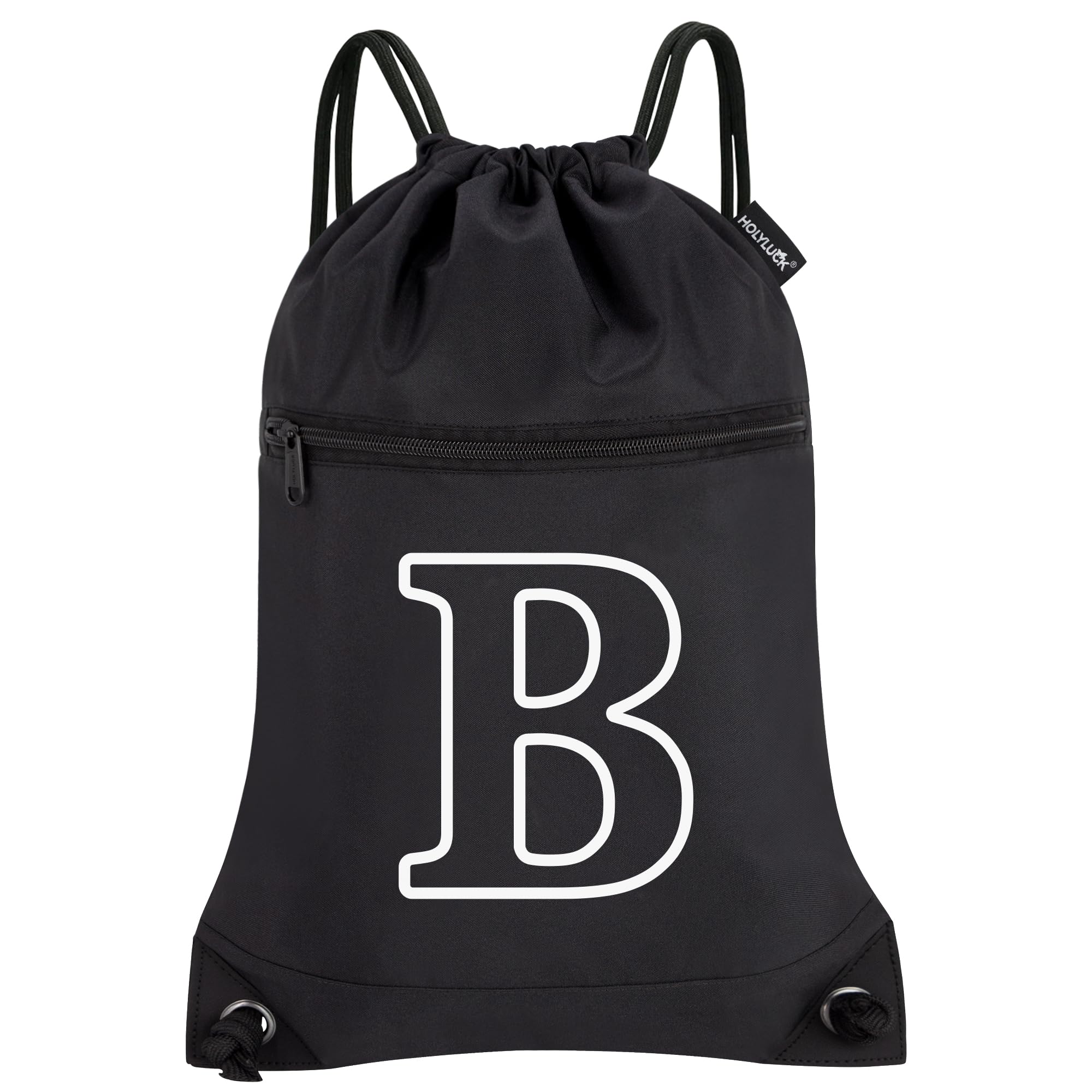 HOLYLUCK Drawstring Bags Initial Backpack Sackpack Cinch Bags for Sports, Gym, Travel, Beach(Black-B)
