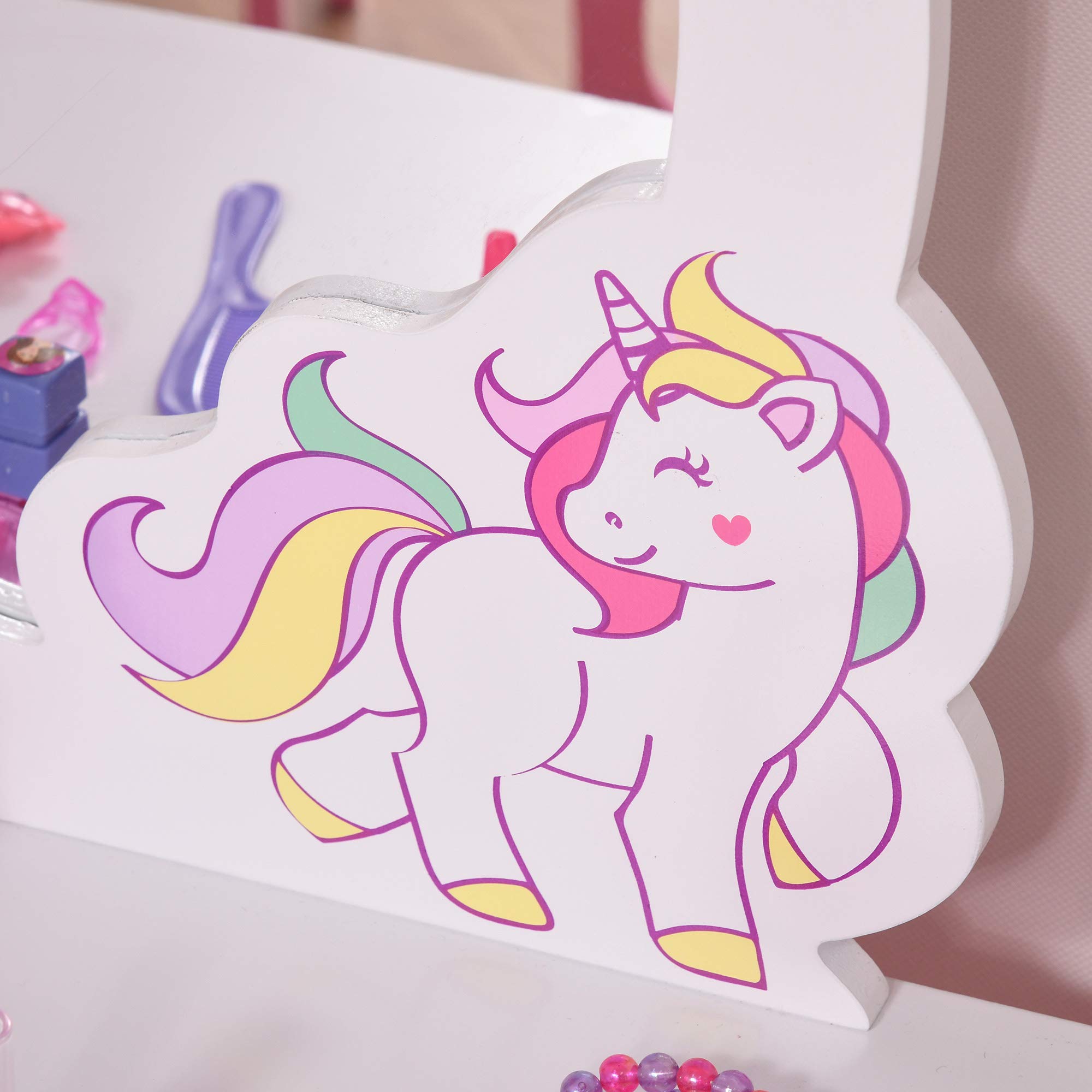 HOMCOM - Tocador infantil con diseño de unicornio, taburete incluido. 49 x 34 x 90 cm – cajón, espejo – MDF – rosa blanco