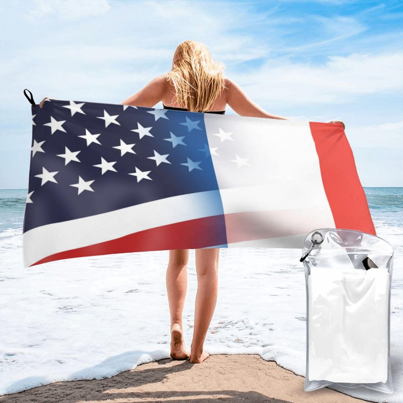 HACXZ Funny America Flag and France French Flag Absorbent Beach Towel Microfiber Beach Shower Towel 27.5"X55"