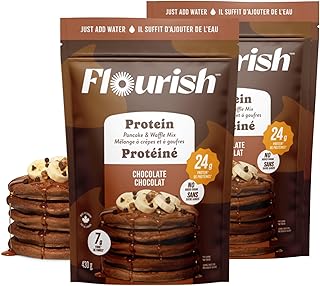 Flourish Protein Pancake & Waffle Mix, with Whey Protein & Flax Seed, No Added Sugar, High in Protein & Fiber - Just Add Water - Chocolate Flavour, 430 g (2 Pack) - Made in Canada