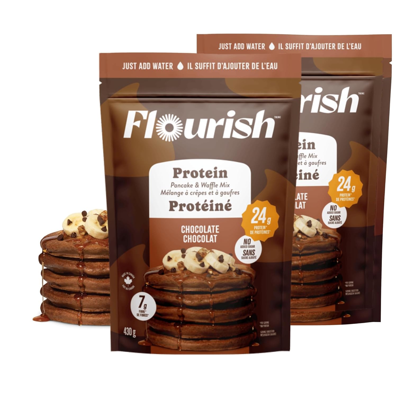 Flourish Protein Pancake & Waffle Mix, with Whey Protein & Flax Seed, No Added Sugar, High in Protein & Fiber - Just Add Water - Chocolate Flavour, 16oz (2 Pack)