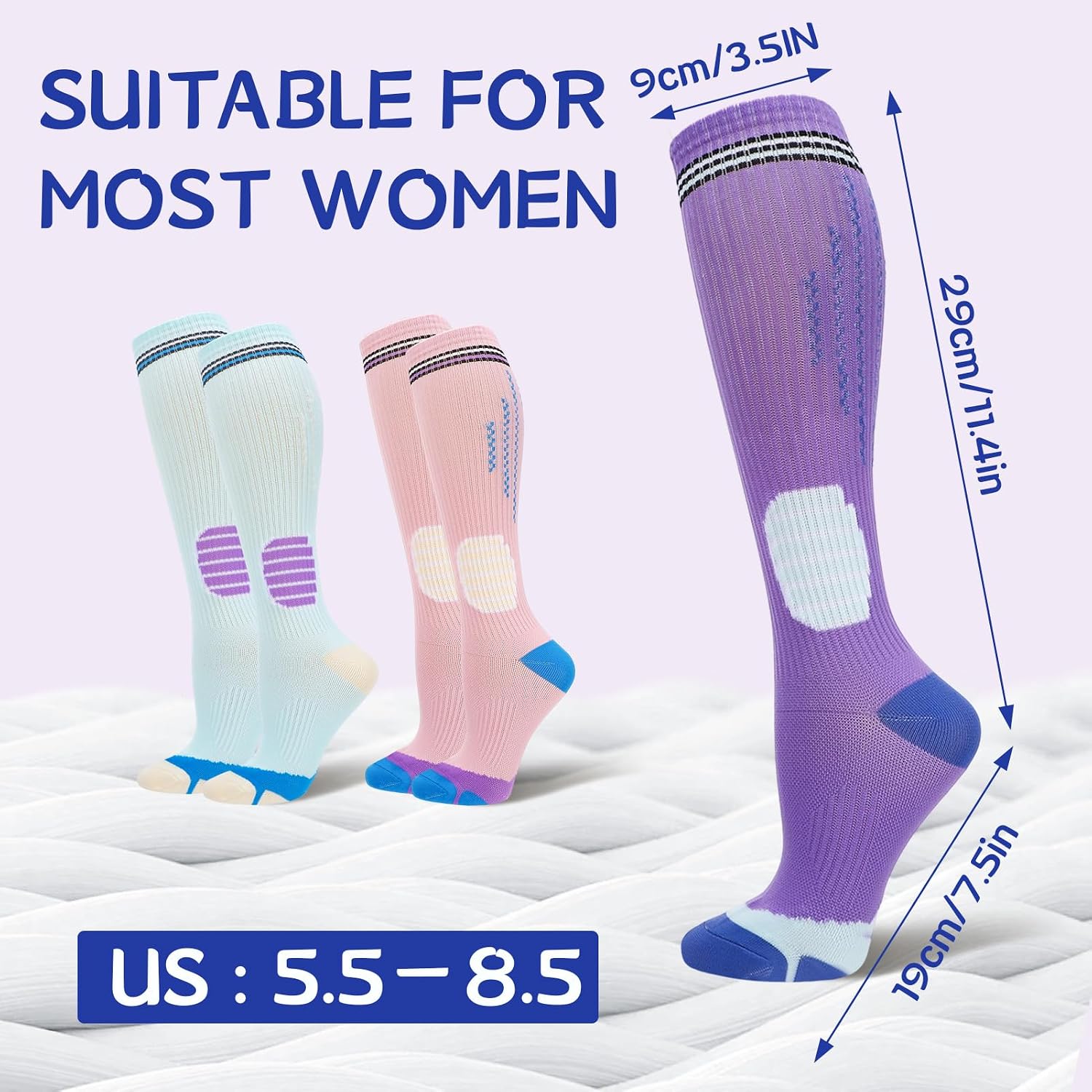 Compression Socks for Women Men 3 Pairs Graduated Support Socks | Colorful Breathable Circulation Socks Cute Soft Compression Knee High Socks for Nurse Pregnancy Flying Athletic Daily Wear
