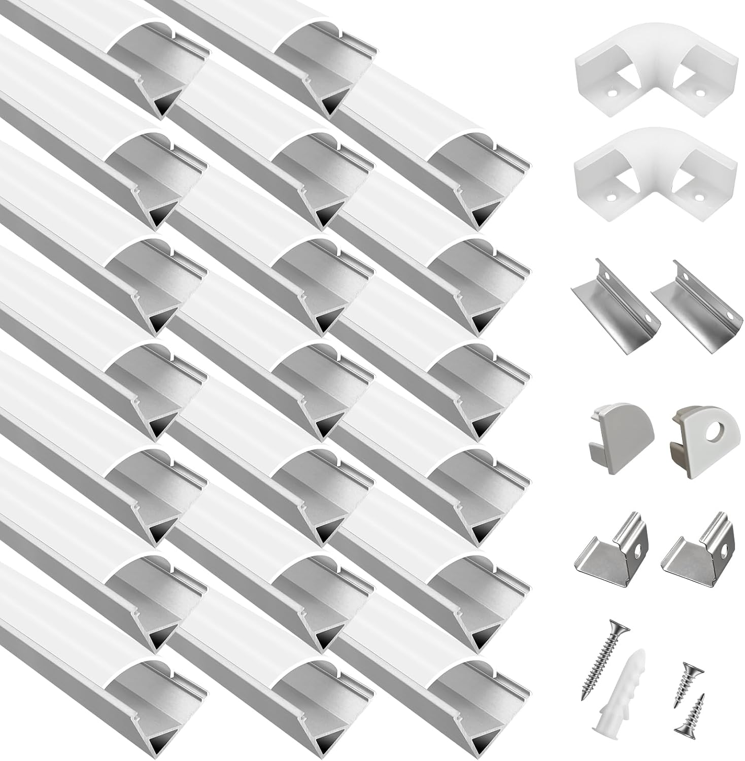 20-Pack 6.6ft/ 2Meter V Shape LED Aluminum Channel System with Milky Cover, End Caps and Mounting Clips, Aluminum Profile for LED Strip Light Installations, Very Easy Installation (20, Silver)