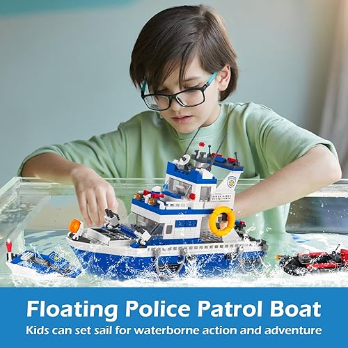 Miniatura 6 de Vziimo Juego de bloques de construcción de botes de rescate de patrulla de policía de la ciudad, barco de guardia costera genial con juguetes de