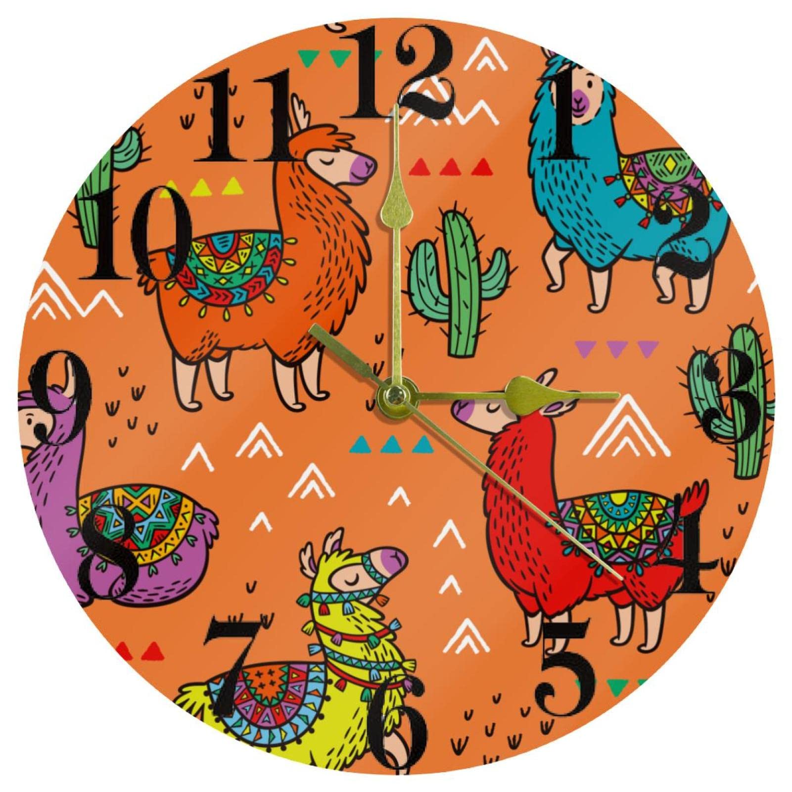 Horloge murale ronde alpaga et cactus orange silencieuse à pile