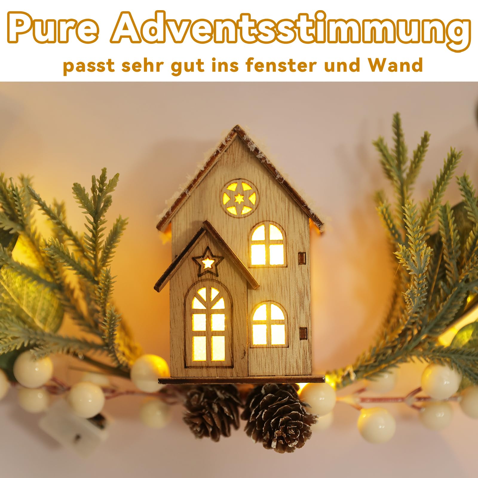 Fensterdeko Weihnachten LED Dekoring mit Holzhaus, Kranz zum Aufhängen Fenster 30cm mit 20 LED Beleuchtet, Deko Weihnachten Hänge Metall Ring mit Kunstblumen, Winter Deko Fenster Deko