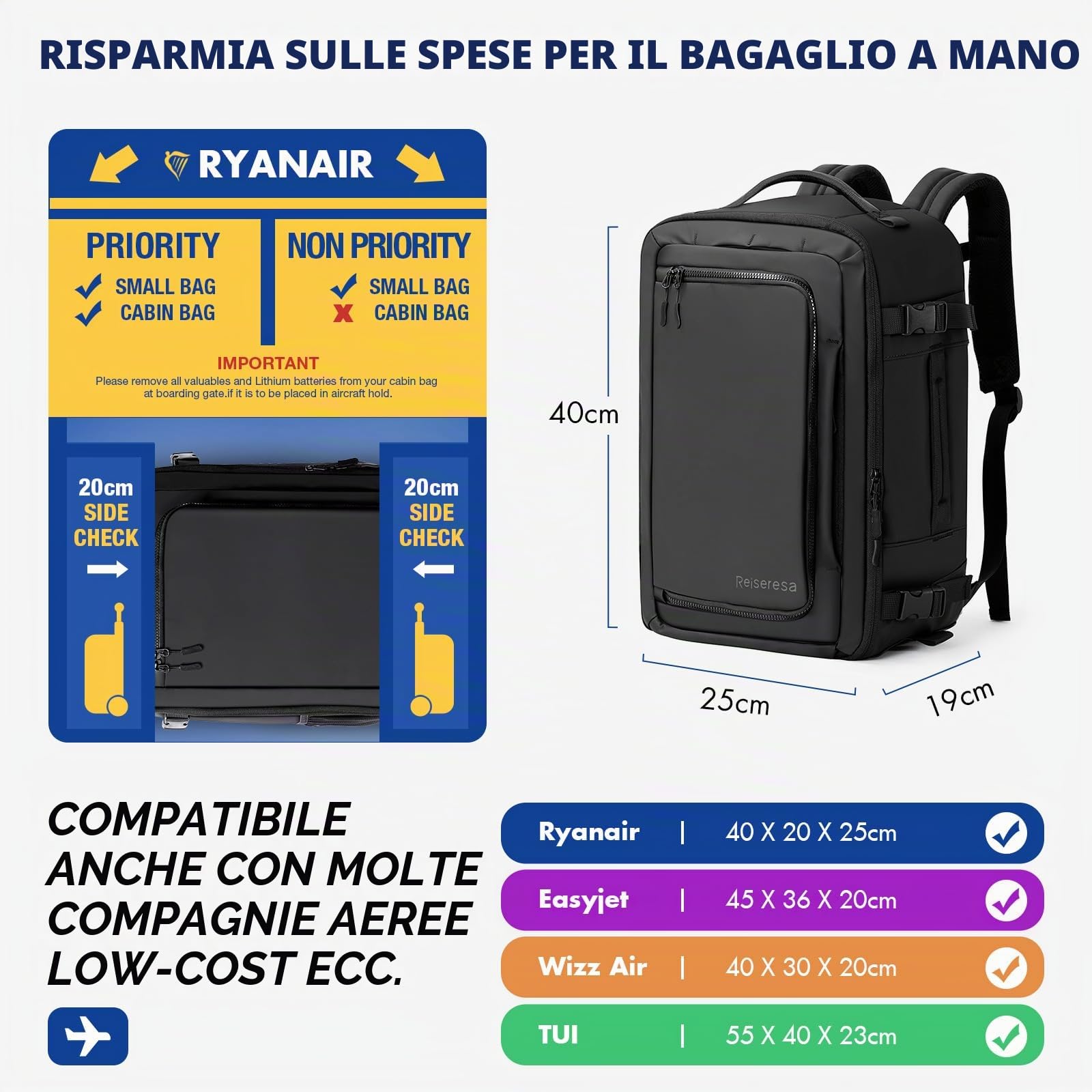 Zaino da viaggio, 20, 28 o 40 l, impermeabile, ideale come bagaglio a mano in aereo, adatto per viaggi, affari, lavoro, vacanze