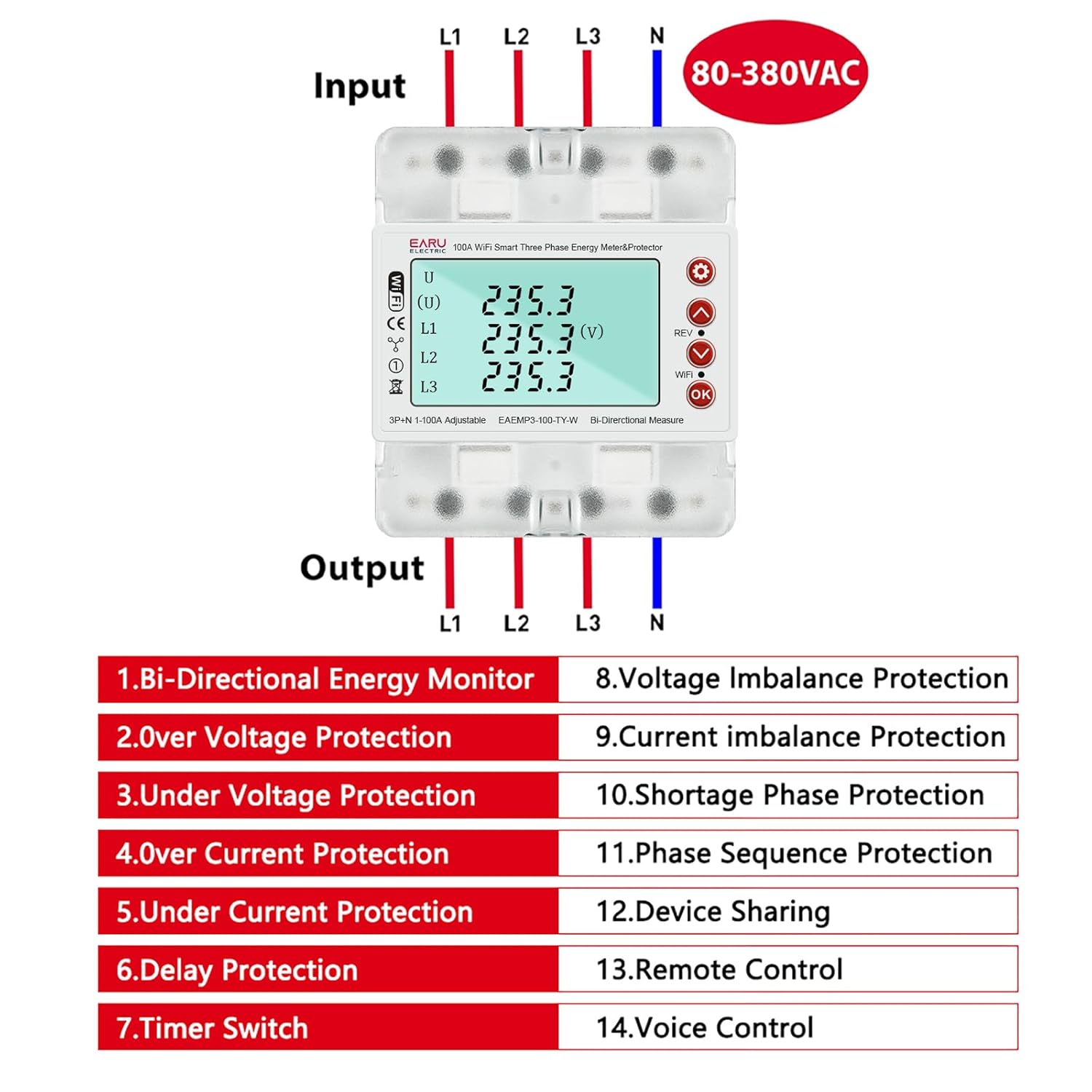 3 Phase AC380V 100A Tuya WiFi Smart Bi-Directional Energy Power kWh Meter Over Under Voltage Current Protector Relay Switch Current Limit Phase Squence Protector Voice Remote... - Image 3