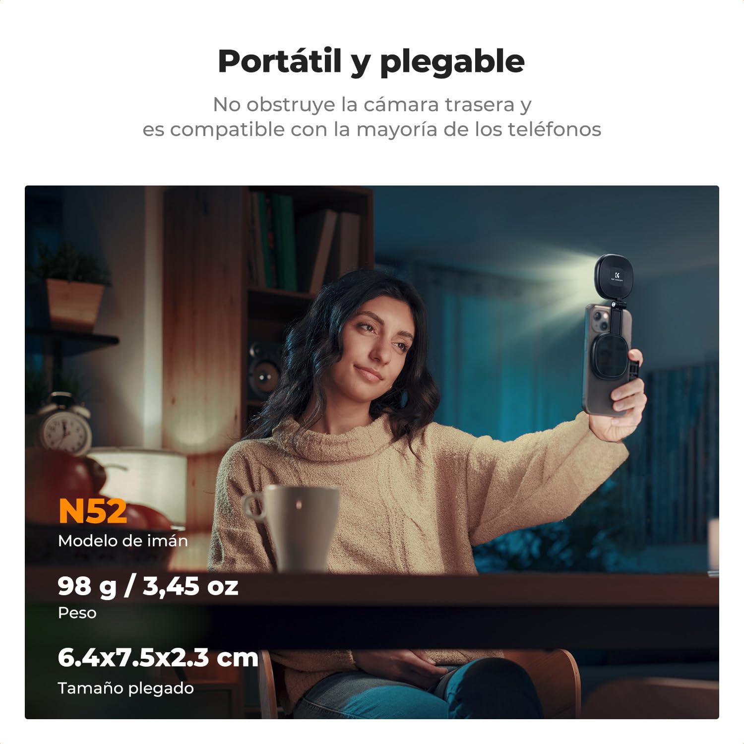 K&F CONCEPT Luz magnética para Selfies con Espejo, Anillo de teléfono móvil de 900 mah Compatible con iPhone Magsafe, luz de Relleno de Anillo de Selfie LED de 360 ° para Selfies, 673lux, Negro