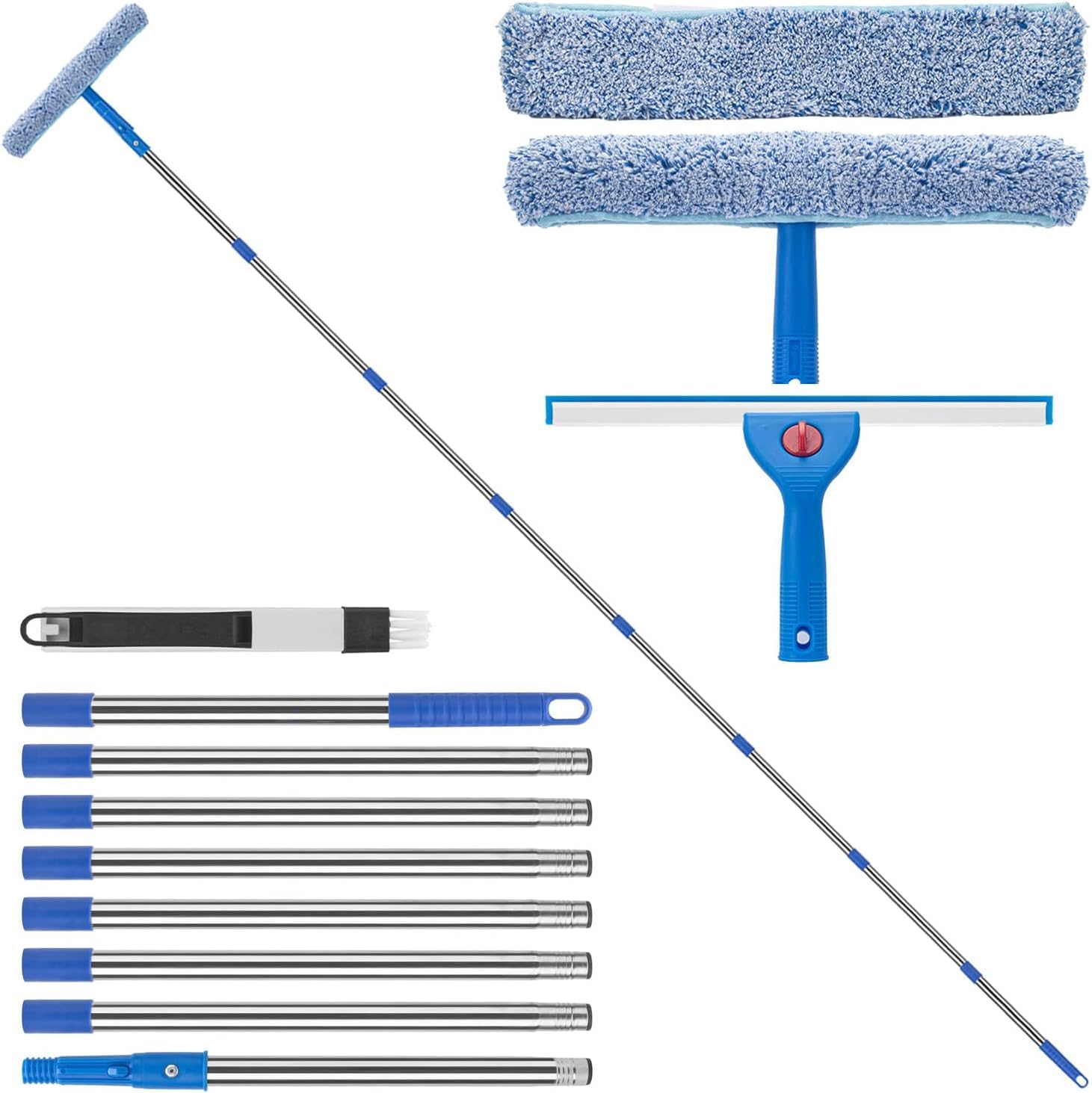 Kefanta Blue-3M Handle 10Ft(3M) Professional Window Cleaning Kit,Long Handle Window Cleaning Equipment,Silicone Squeegee & Microfiber Scrubber, With Groove Cleaning Brush,For High Windows,Conservatory Glass Panels And Roof