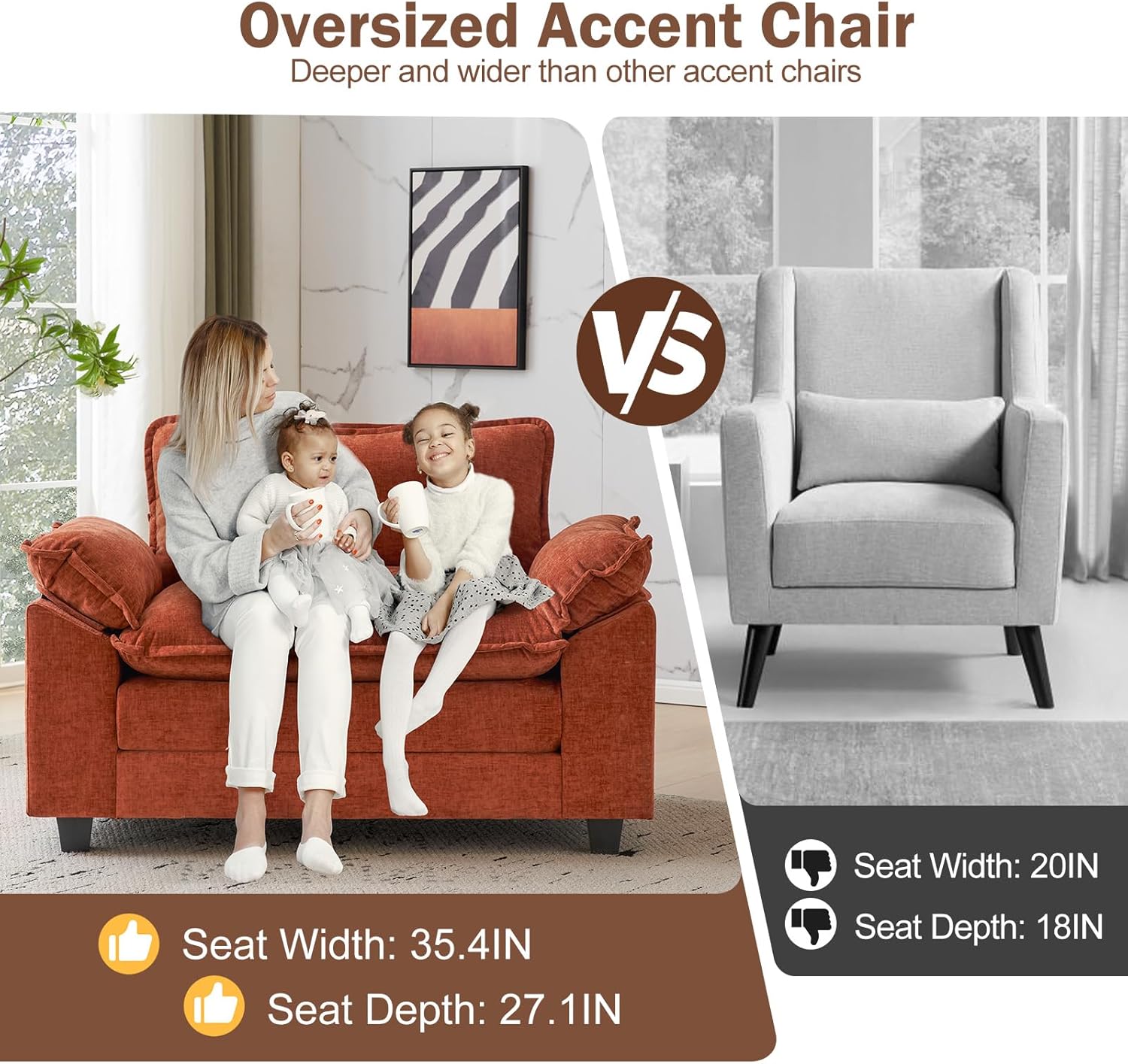 CDCASA Oversized Chenille Accent Chair Set of 2, Terracotta