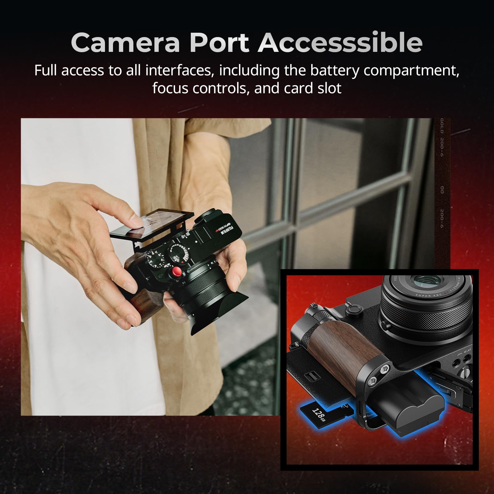 SMALLRIG Empuñadura de madera para Fujifilm GFX100RF, placa de montaje en forma de L con mango de doble cara (delantera y trasera), placa de liberación rápida integrada para Arca, disparador, 15 lb/70