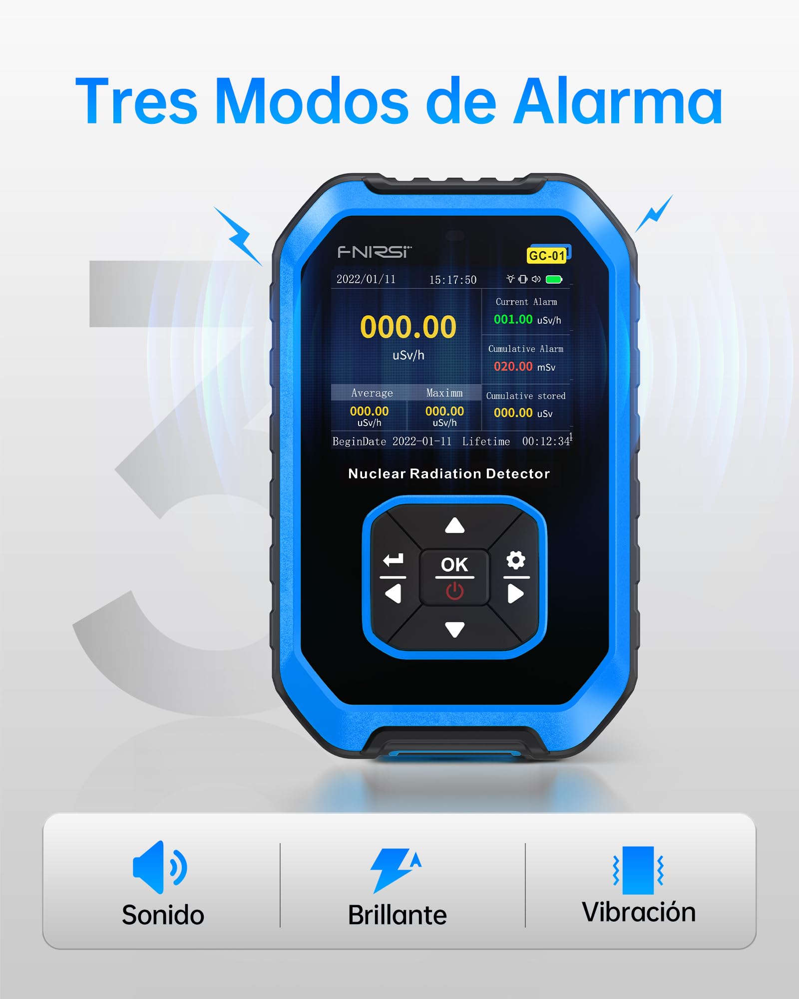 FNIRSI GC-01 Detector de Radiación Nuclear con Contador Geiger - Dosímetro de Radiación con Pantalla LCD, Medidor Portátil de Radiación Beta-Gamma Recargable, 5 Unidades de Dosis Conmutables