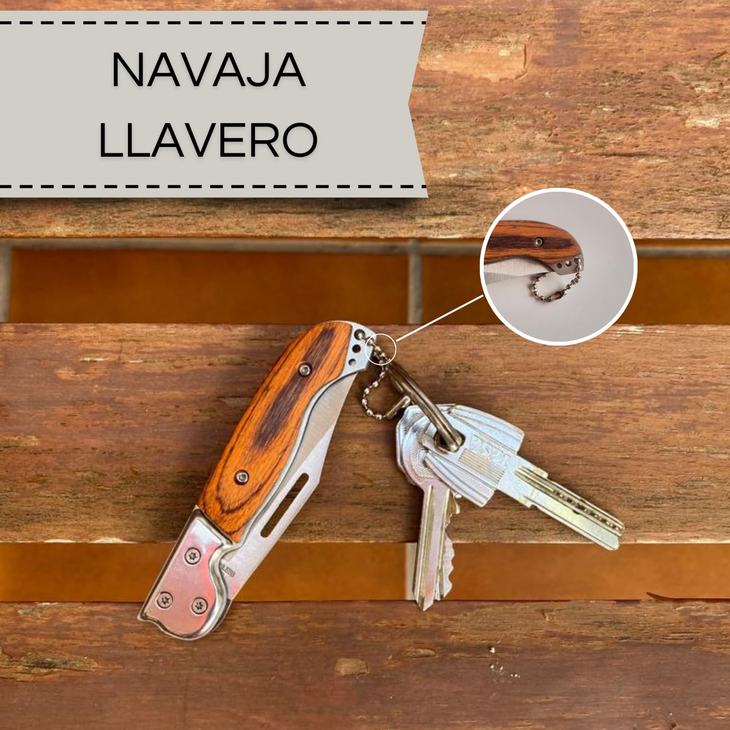 Navaja Pequeña con Cuchillo Plegable de Acero Inoxidable y Mango de Madera, Liviana y Compacta Navaja Española de Bolsillo o Llavero para Camping, Supervivencia, Trabajo, Caza, Pesca, Montaña