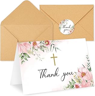 24 Pack Floral Cross Thank You Card Pink Flower Baptism Greeting Card Blank Note Card with Envelope Sticker for Baby Shower Funeral Communion Party Supplies, 4 x 6 Inch