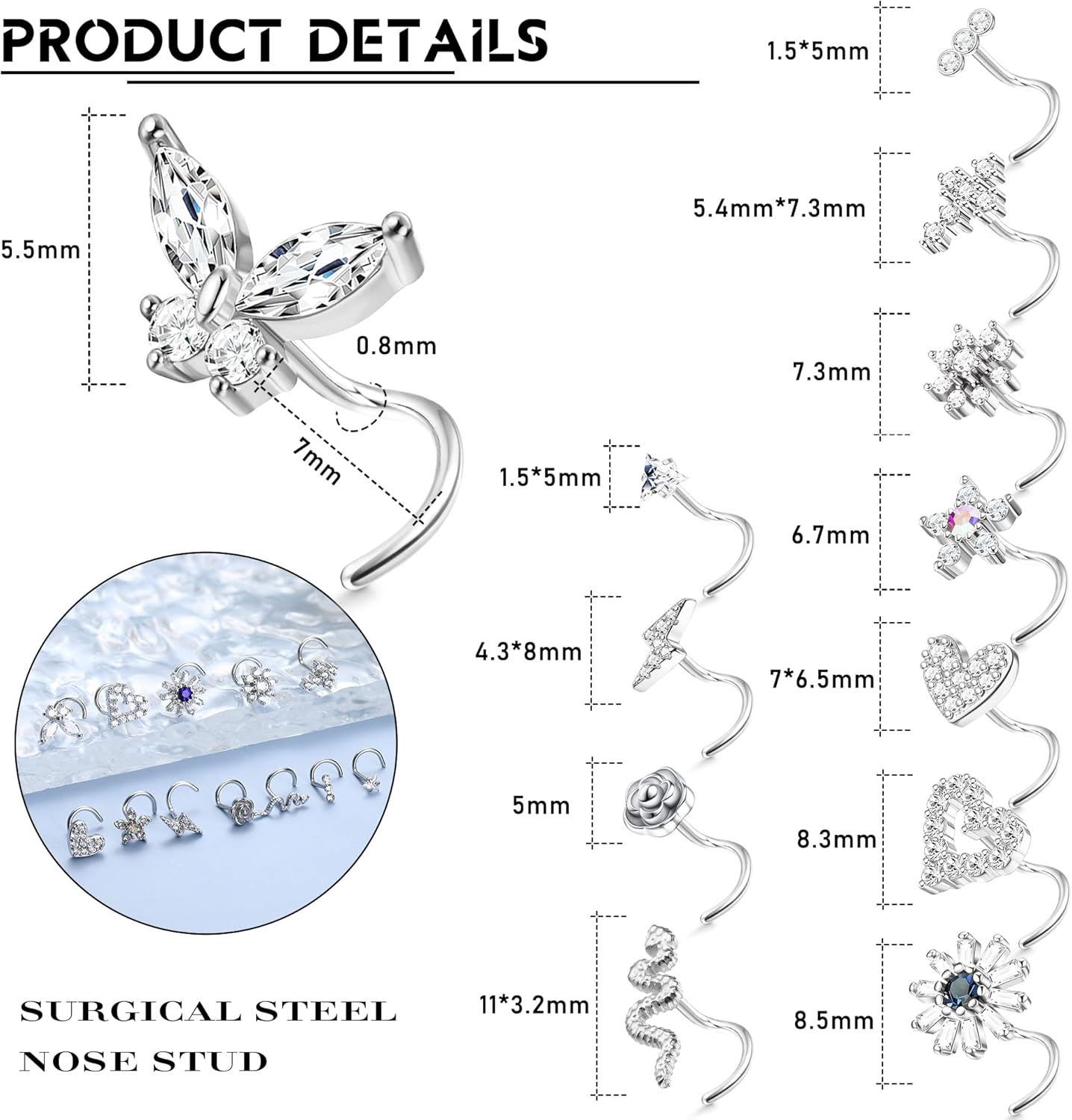 YADOCA 12 Pcs 20G Surgical Steel L Shaped Nose Rings Studs for Women Men - CZ Heart Butterfly Flower Snake Piercing Jewelry - Image 2