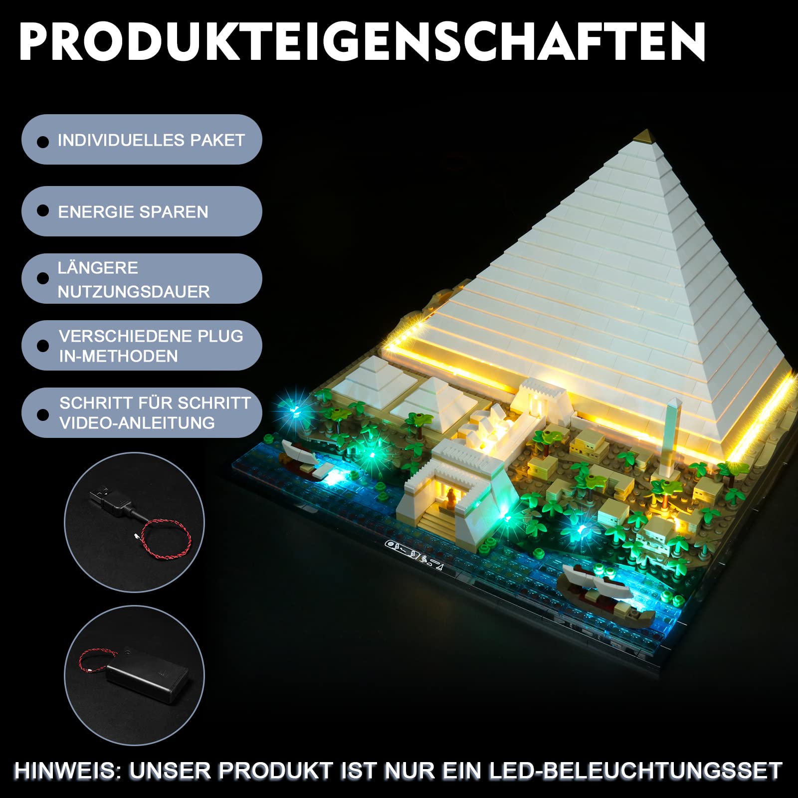 BrickBling Kit di illuminazione per Lego 21058 Architecture Great Pyramid of Giza, luci con telecomando compatibile con Lego Pyramid 21058 - Non include Lego, solo luci decorative