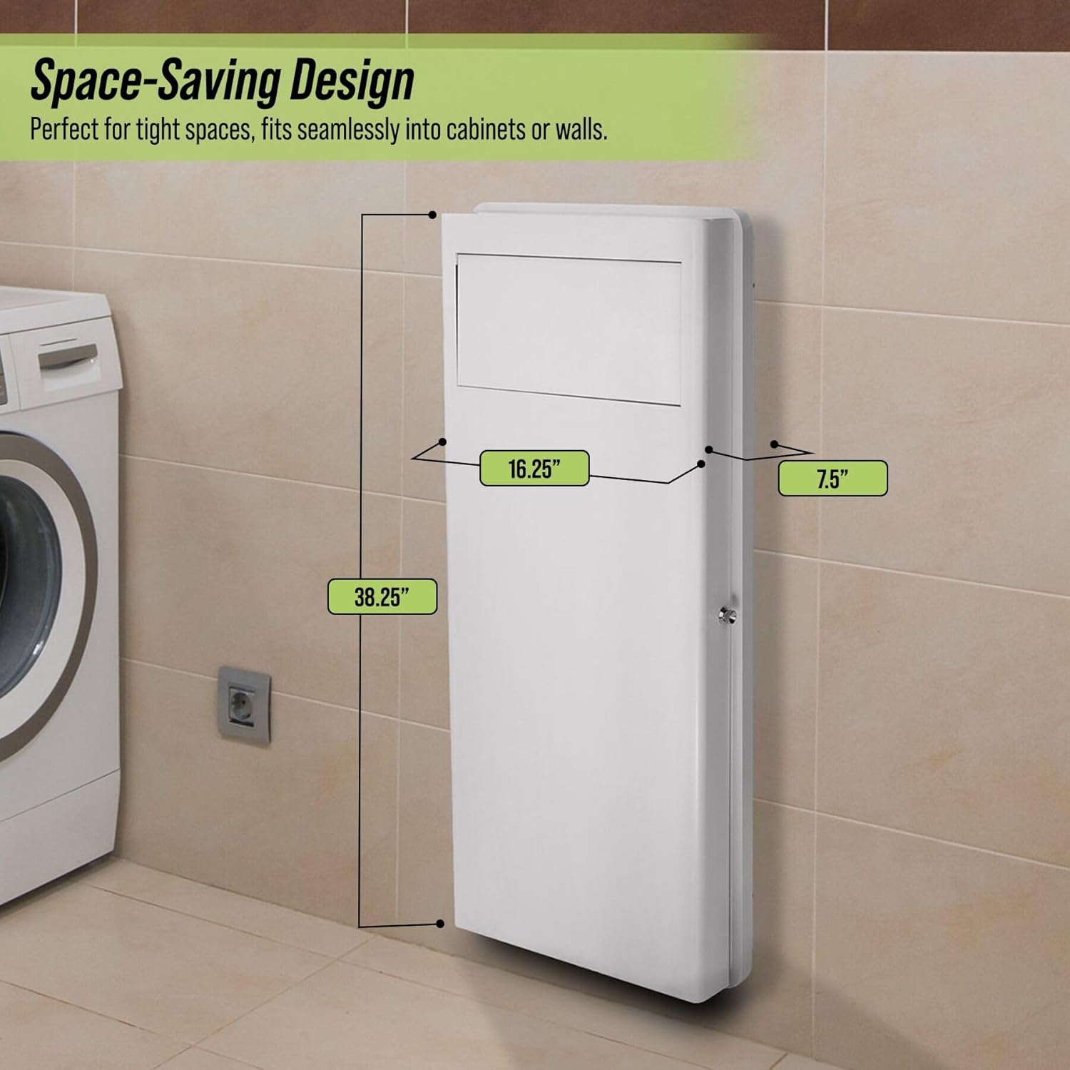 Recessed laundry hamper installed in a wall with dimensions indicated