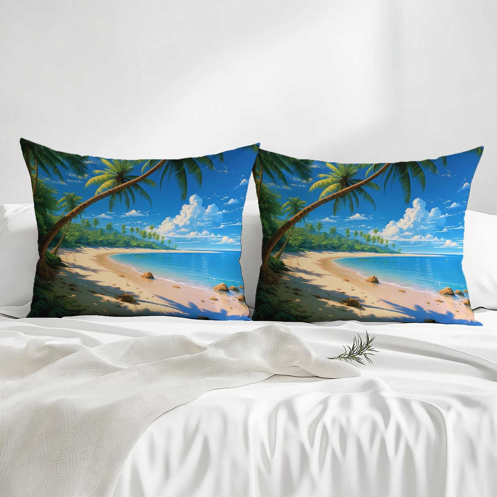 Completo letto Matrimoniale con lenzuolo sopra morbido e confortevole (160x190x30 cm) e 2 federa, motivo Spiaggia Palme Palme Da Cocco, in microfibra spazzolata 100%, senza rughe e anallergico, Blu