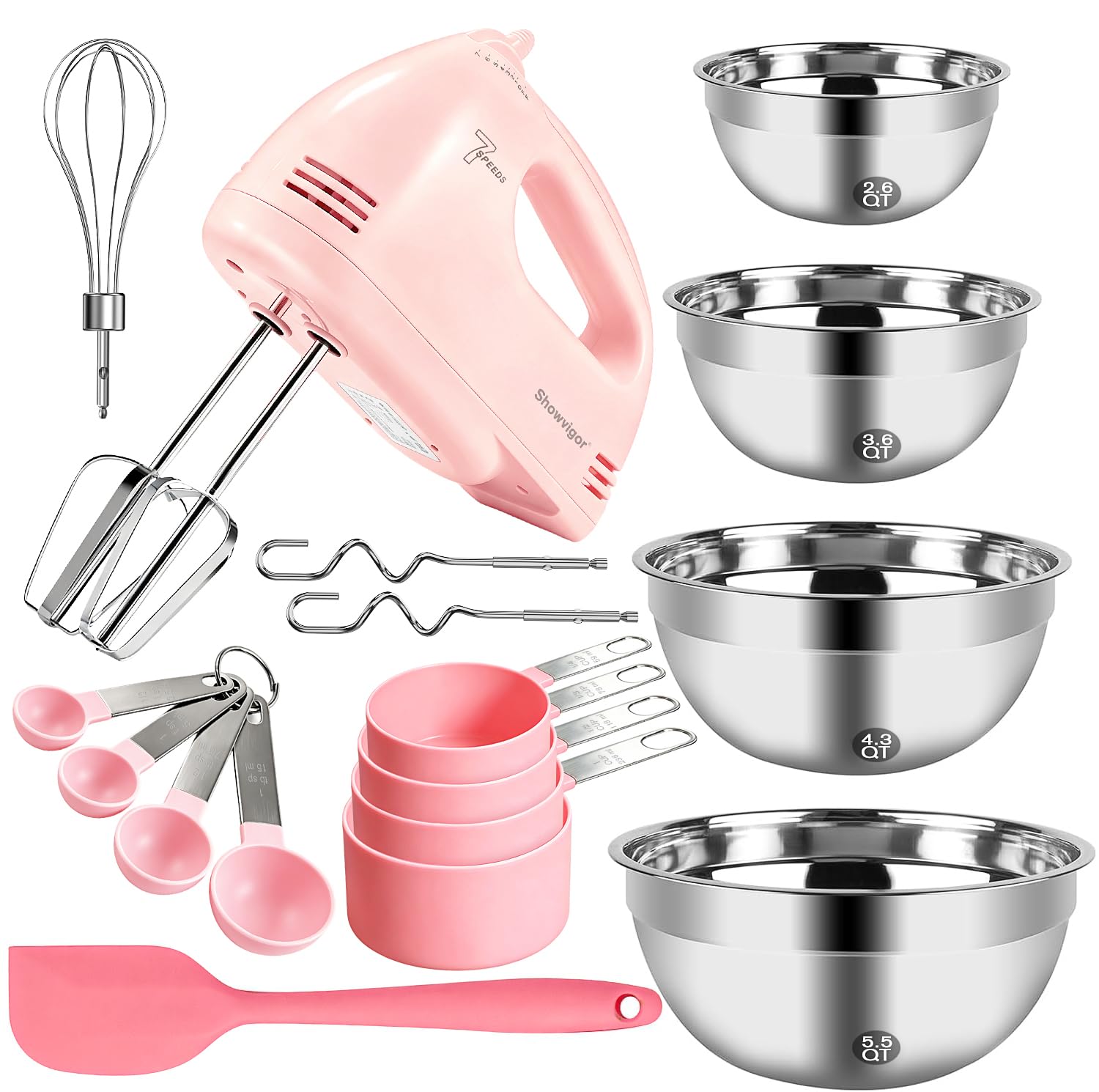 Showvigor 300W Pink 7-Speed Electric Hand Mixer Portable Baking Whisk Set