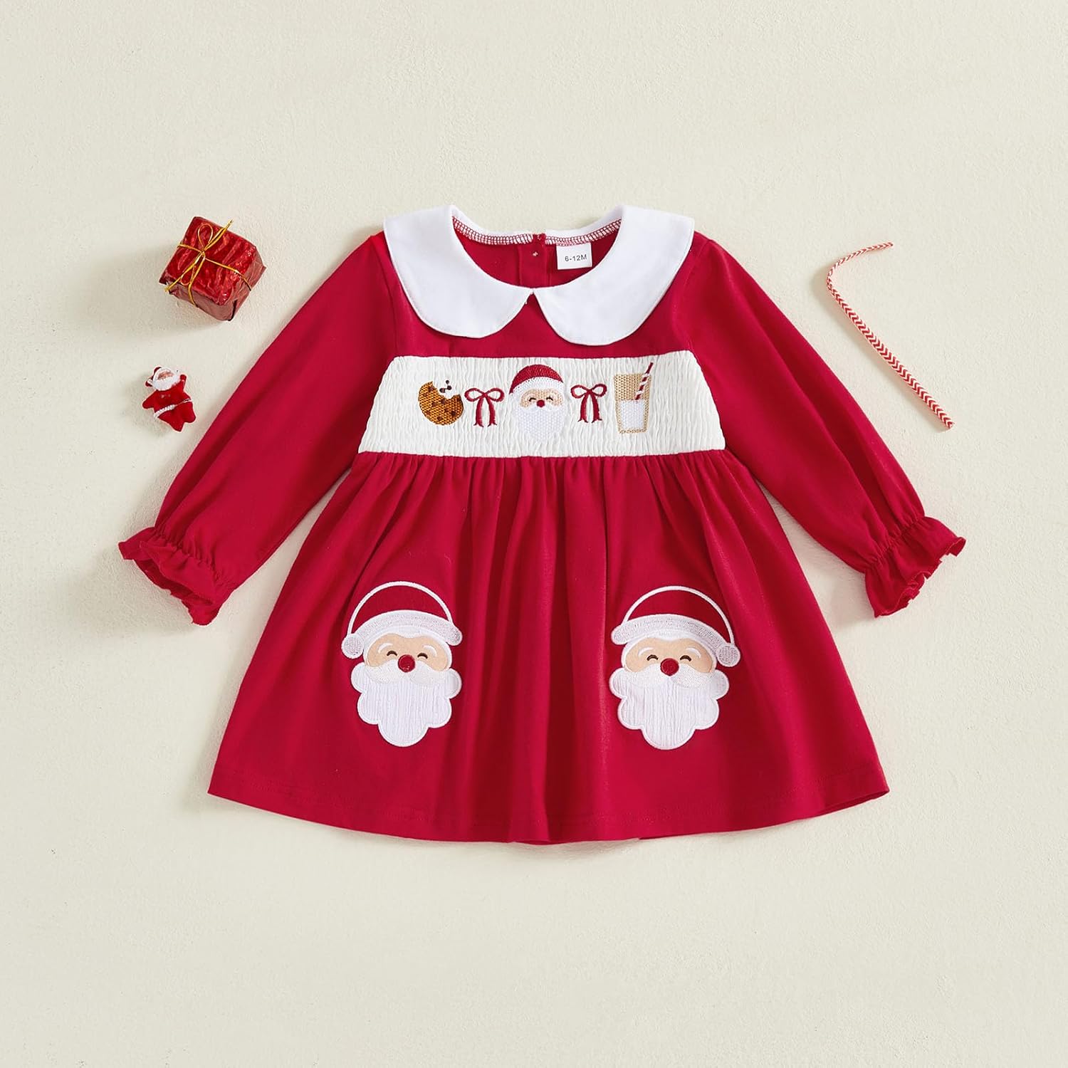 Cute Baby Girls Santa Christmas Dress Long Sleeve A Line Ruffles Embroidery Toddler Girl Xmas Outfit - Image 4