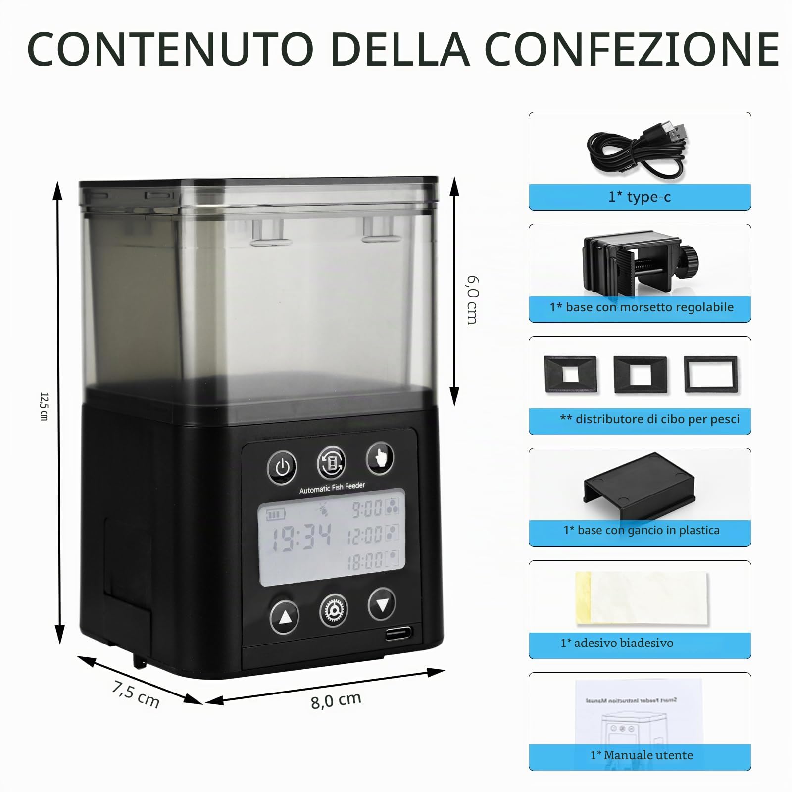 Podazz Alimentatore automatico per pesci, ricaricabile, con timer, con display LCD, 320 ml, alimentatore elettrico per pesci a prova di umidità, per il fine settimana in vacanza