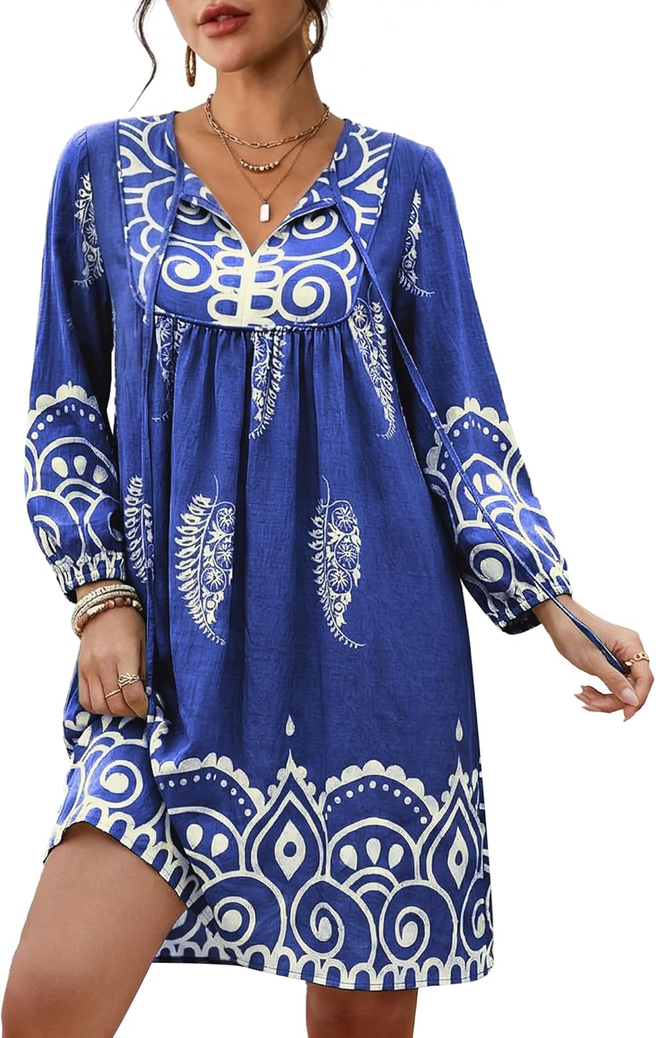 Eddoyee Women Casual Summer Dress, V Neck 3/4 Sleeve Boho Floral Print Flowy Loose Beach Vacation Dress