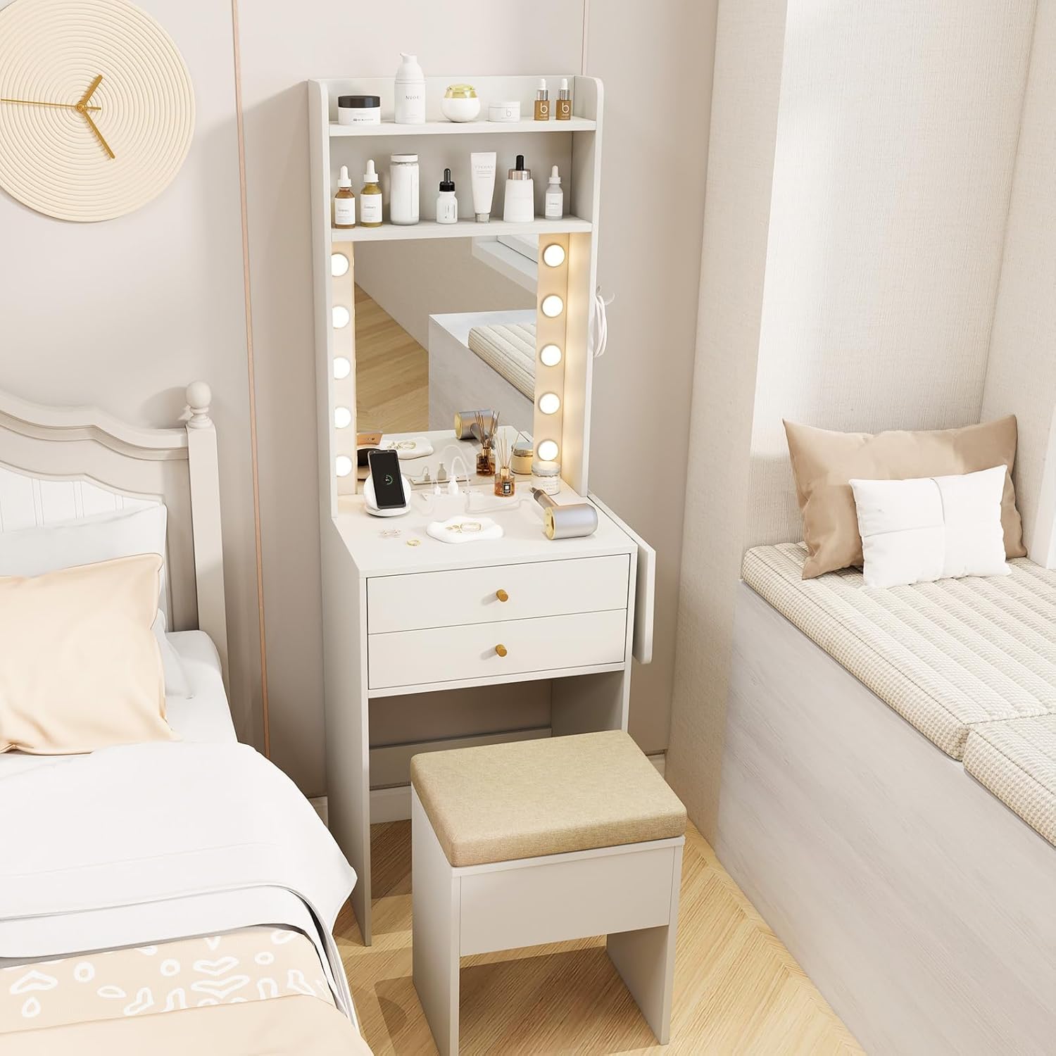 LDAILY Small Vanity Desk with Mirror and Lights, Modern Slim Dressing Table with Charging Station and Foldable Side Table, Compact Vanity with Hidden Chair and 2 Drawers for Bedroom Small Space