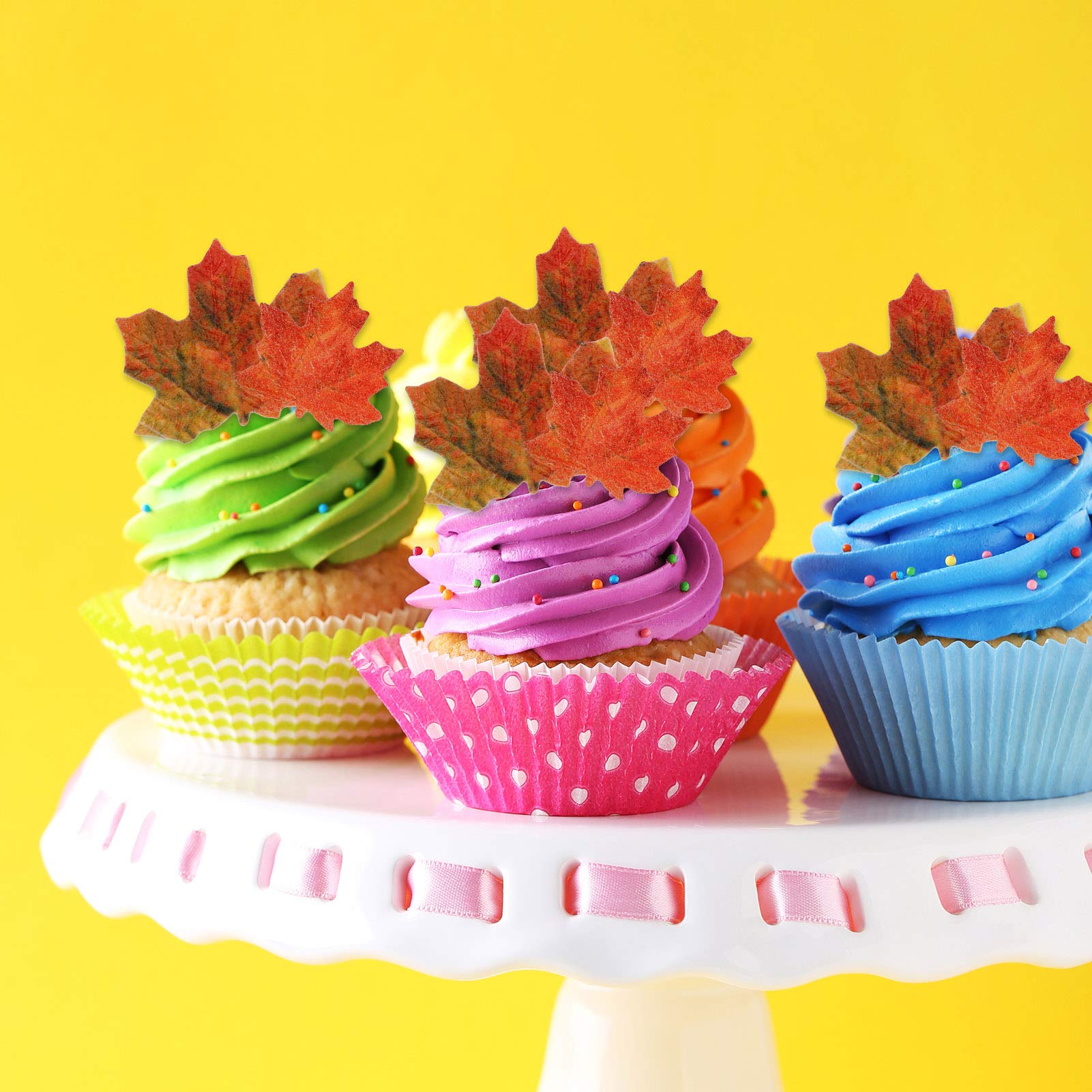 SUSSURRO 100 Pieces Edible Fall Leaves Gold Leaf Cupcake Toppers maple