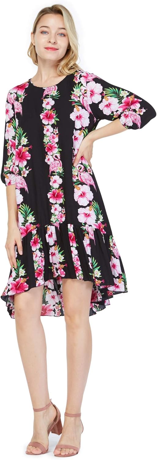 Couple Matching Hawaiian Luau Shirt 3/4 Sleeve Ruffle Dress in Pink Hibiscus Vine
