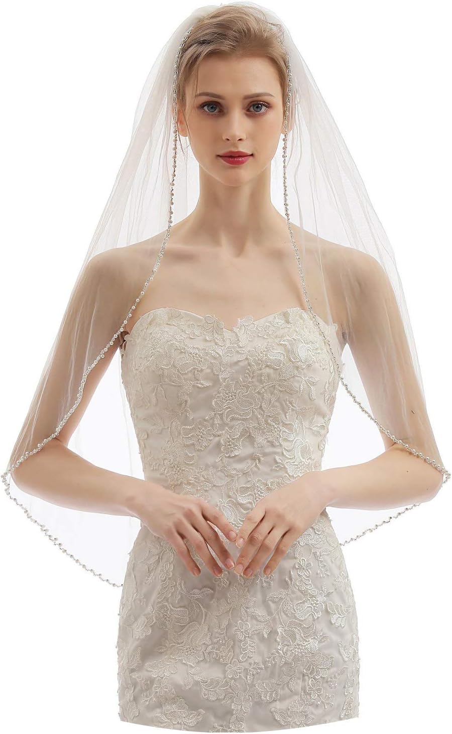 Womens 1 Tier Fingertip Length Short Crystal Beaded Wedding Bridal Veil With Comb X09