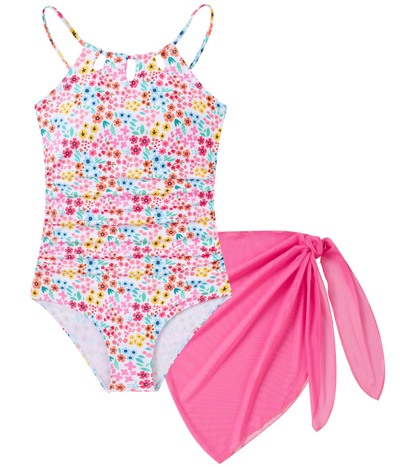 Girls One-Piece Swimsuit Bathing Suit with Cover Ups Size 7-16 | Adjustable spaghetti straps,Cut-out design, Removable chest pads, Swimwear for the beach, swimming pool, Hawaiian vacation