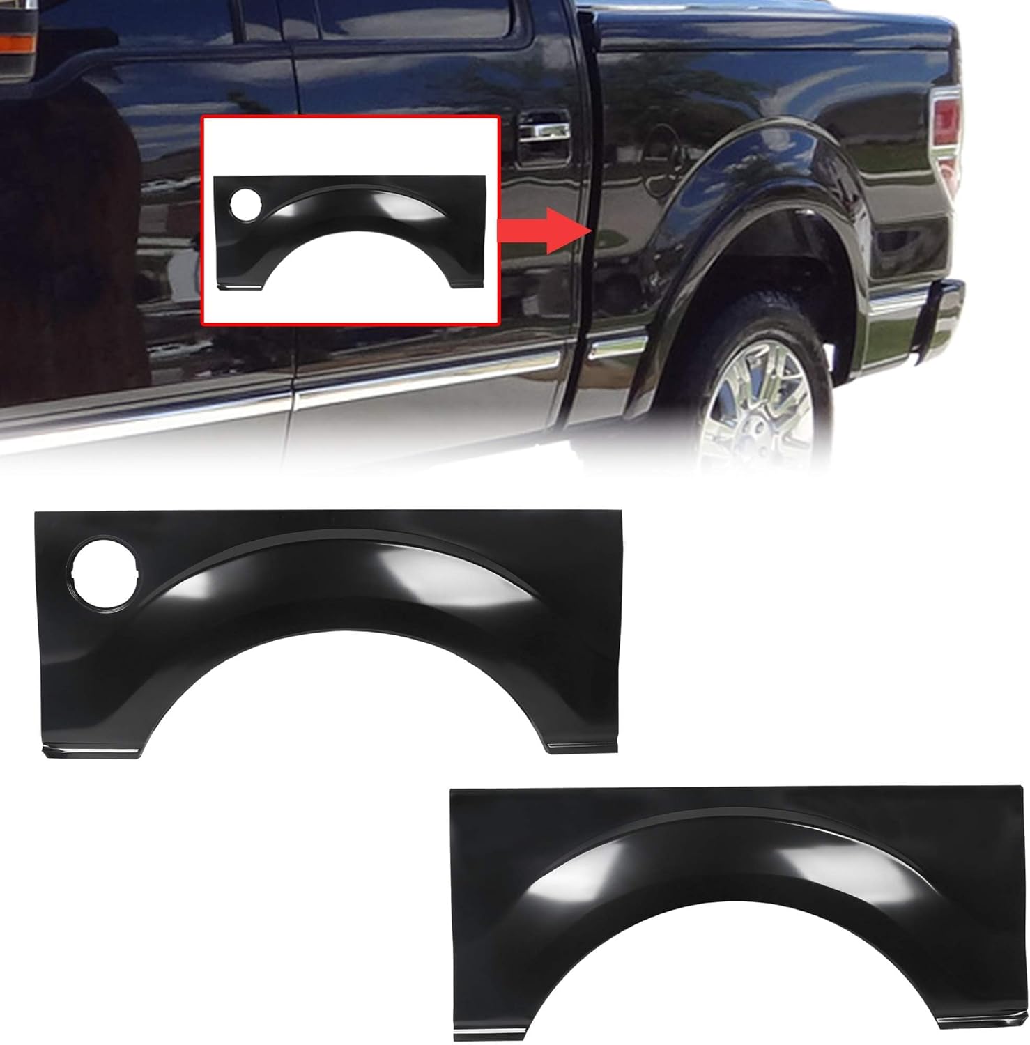 ECOTRIC Panel de cuarto de arco de rueda trasera compatible con Ford F150 LD 2009-2014 sin agujeros de moldeo, panel de reparación superior de la