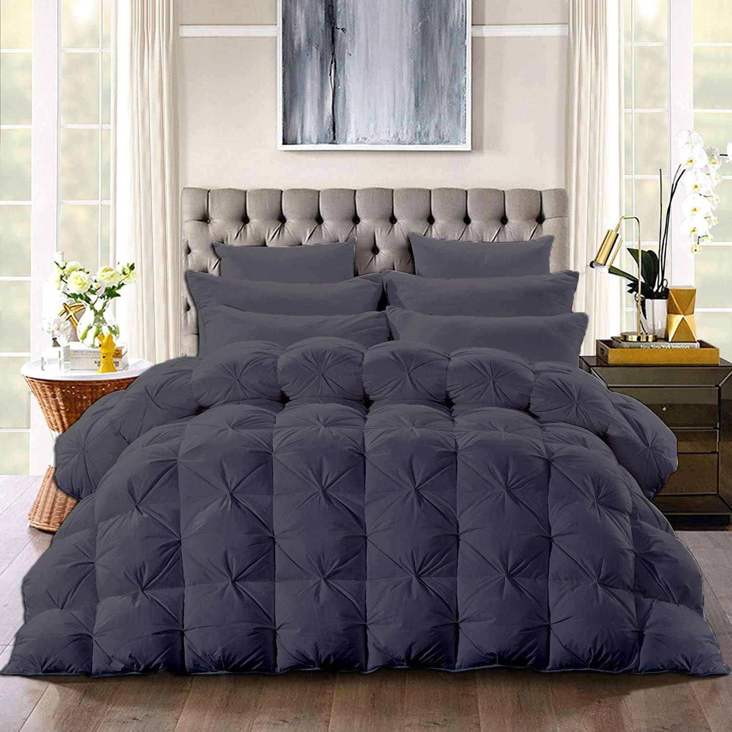 Dark Grey All-Season Luxury 800 GSM Pintuck Style Cotton 3 Piece Palatial King 120x98Pinch Pleat Comforter with 4 Corner Tabs