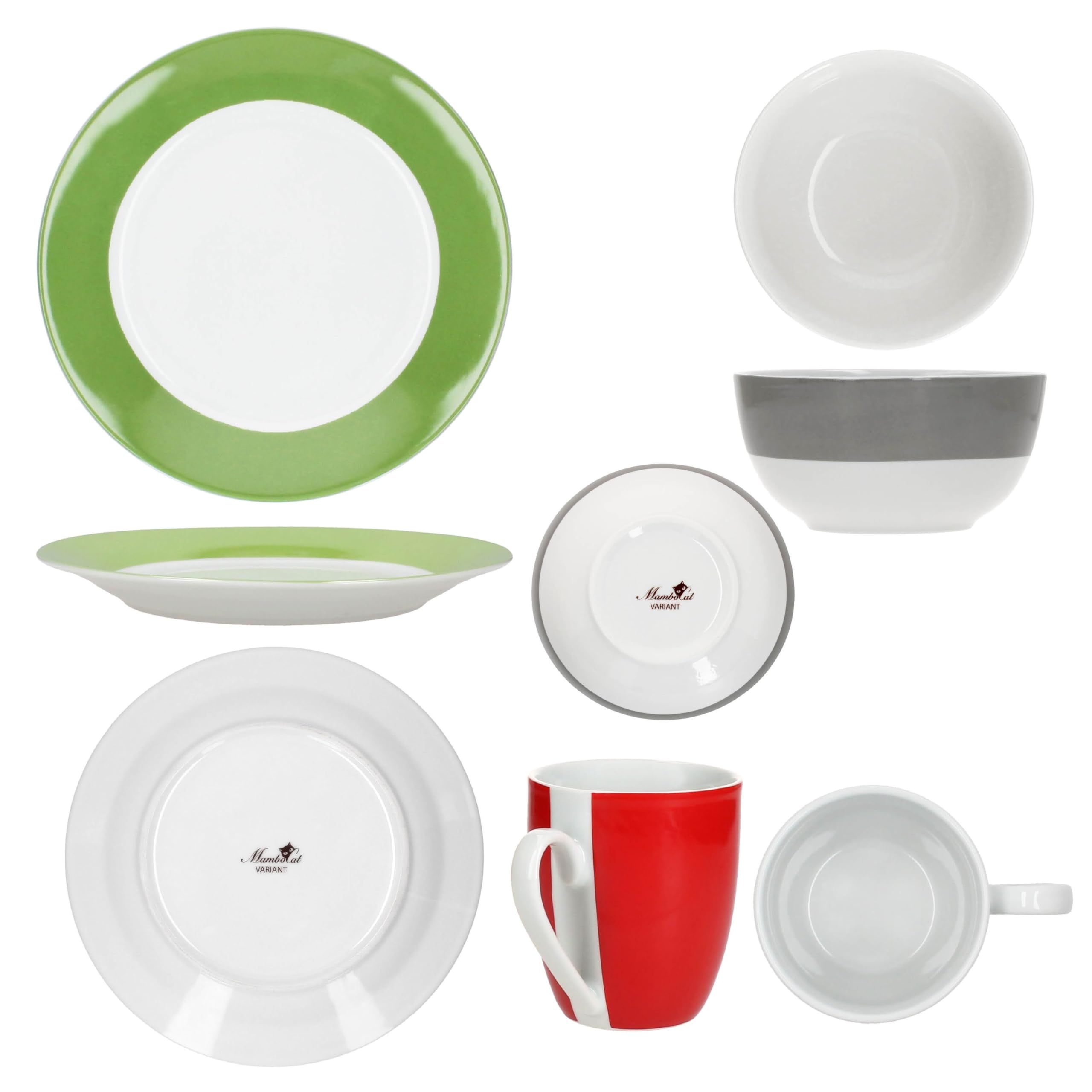 MamboCat Variant Trio Service de petit-déjeuner 18 pièces I 6 petites assiettes, 6 bols de 450 ml et 1 tasse à café 350 ml, hauteur 10,3 cm pour 6 personnes I Vaisselle en porcelaine pour le petit