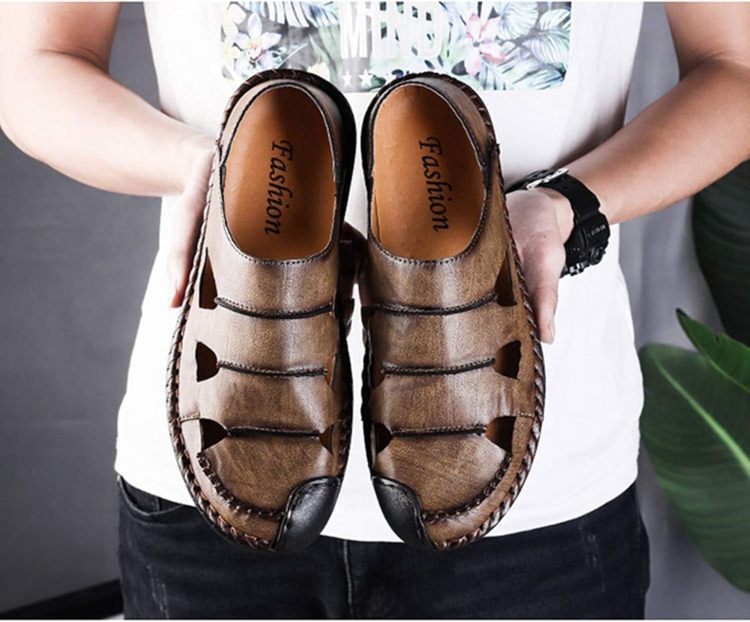 [XYJP] 通気性 ビーチサンダル ブラウン アウトドア オフィス メンズ 革靴 26.0cm カジュアルシューズ 紳士靴 レザー