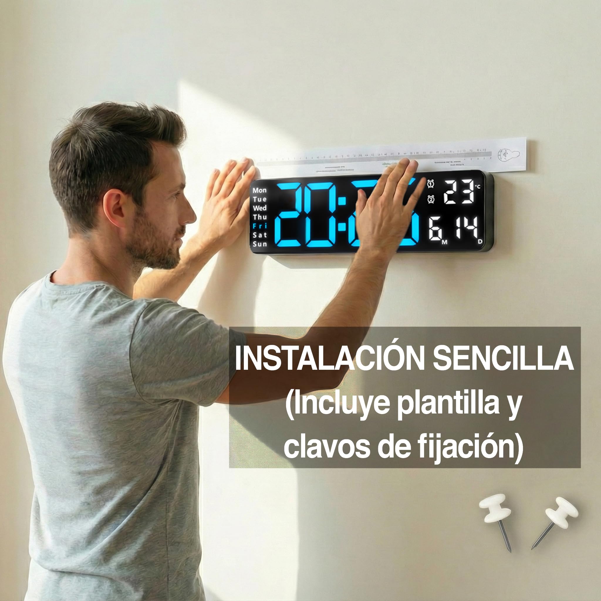 Opis Technology Clock 1 XL – Reloj Digital Pared Grande LED (31cm), Azul/Blanco. Funciona con Cable (No a Pilas). con Mando, Temperatura y Brillo Automático