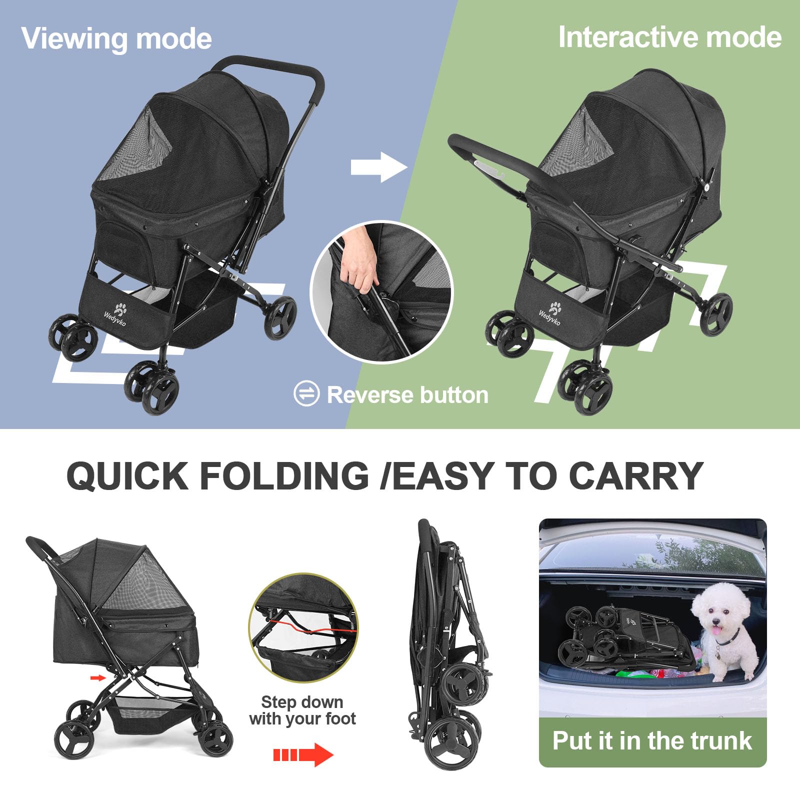 Poussette pliable pour animal de compagnie avec panier de rangement, roue avant à 360° avec frein, poussette de voyage légère pour chiens et chats de petite et moyenne taille (noir 1, 4 roues)