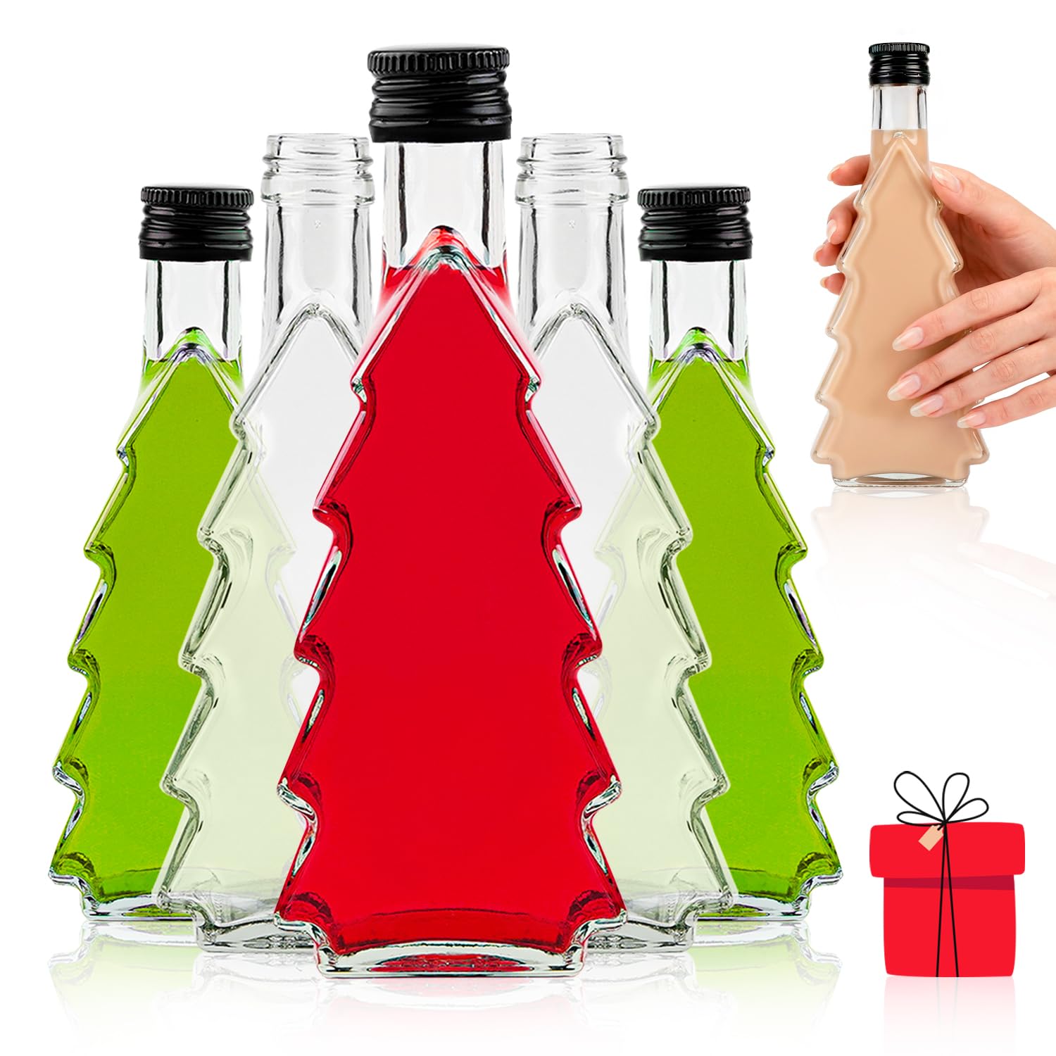 Szklane butelki choinkowe 250 ml – 5 sztuk – puste szklane butelki z korkiem do napełniania likierów, nalewek, syropów lub prezentów (drzewko bożonarodzeniowe 250 ml x 5 sztuk)