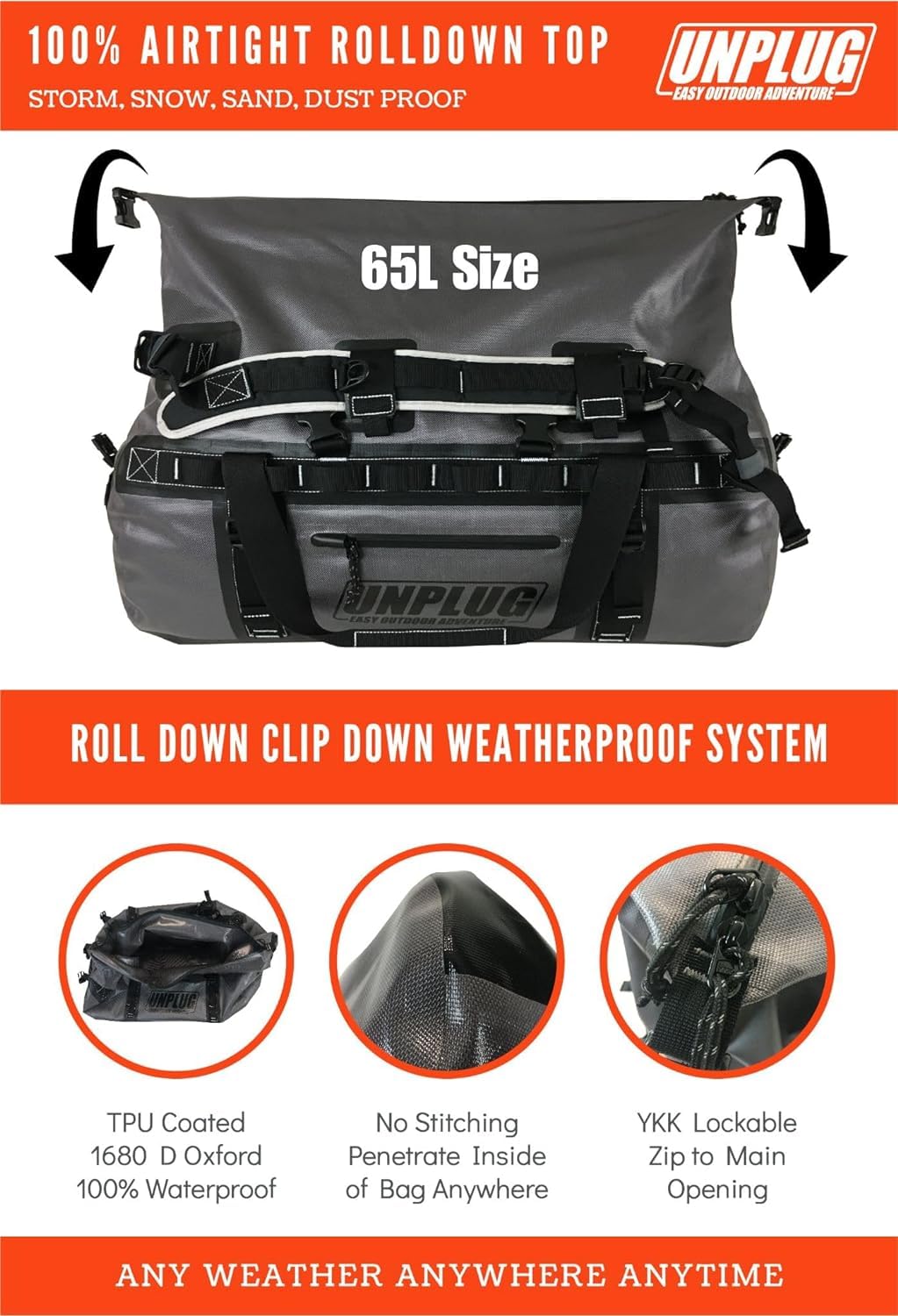 Unplug Reisetasche Damen groß, Sporttasche rucksackfunktion, Duffle Bag Herren, Reisetasche 100l 90l, Reisetasche mit rucksackfunktion, wasserdichte Taschen für Boote (65L Sturmgrau)