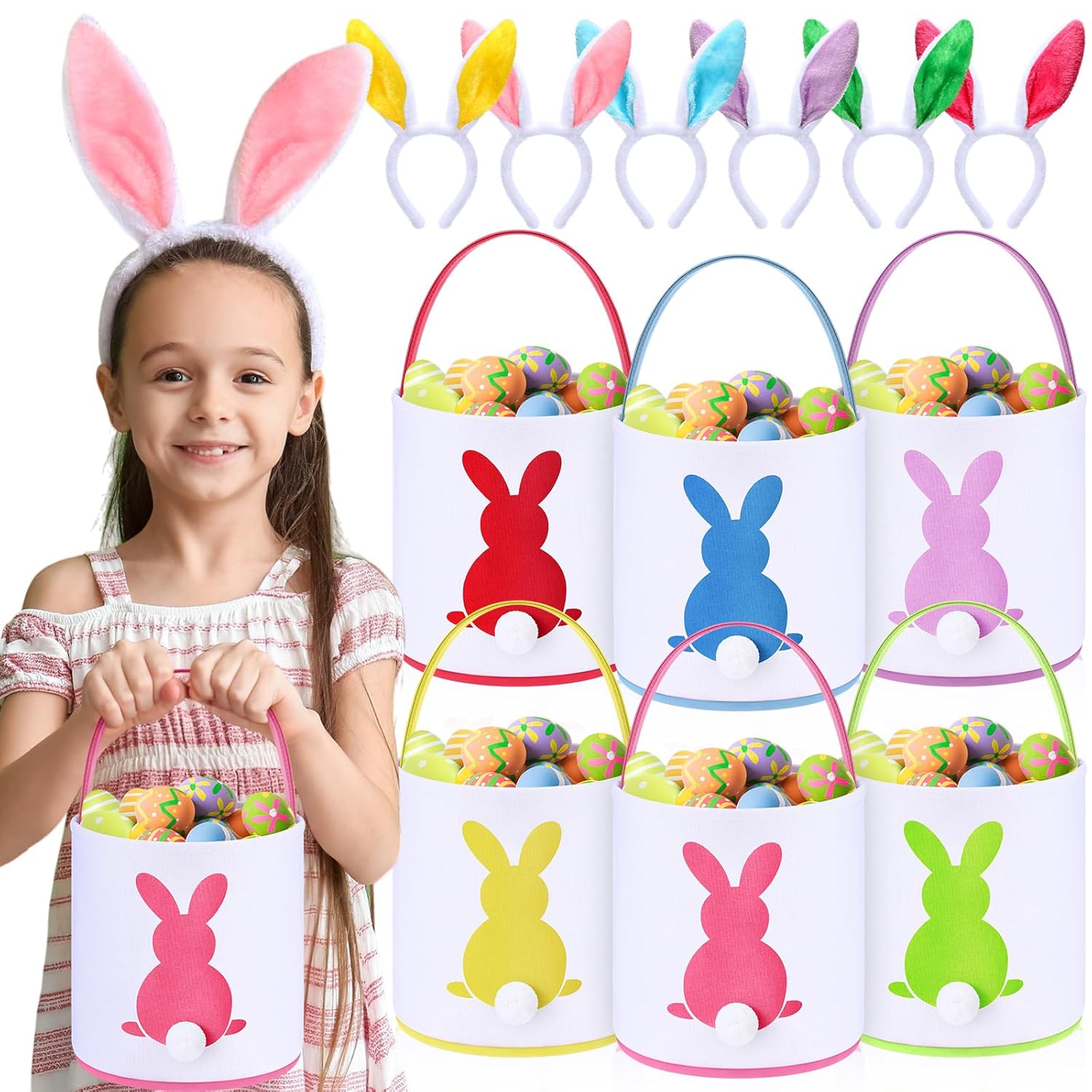 Domensi 12 Pcs Easter Basket Set for Kids Canvas Easter Baskets with Handles and Plush Bunny Ear Headbands, Reusable Small Bags Bulk for Egg Hunt Supplies(Rabbit Ears)