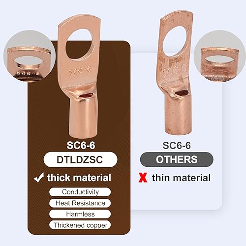 Miniatura 4 de DTLDZSC - Lengüetas de alambre eléctrico de cobre grueso, juego de 20 piezas de lengüetas de cable de batería de cobre desnudo calibre 12-10 AWG-14