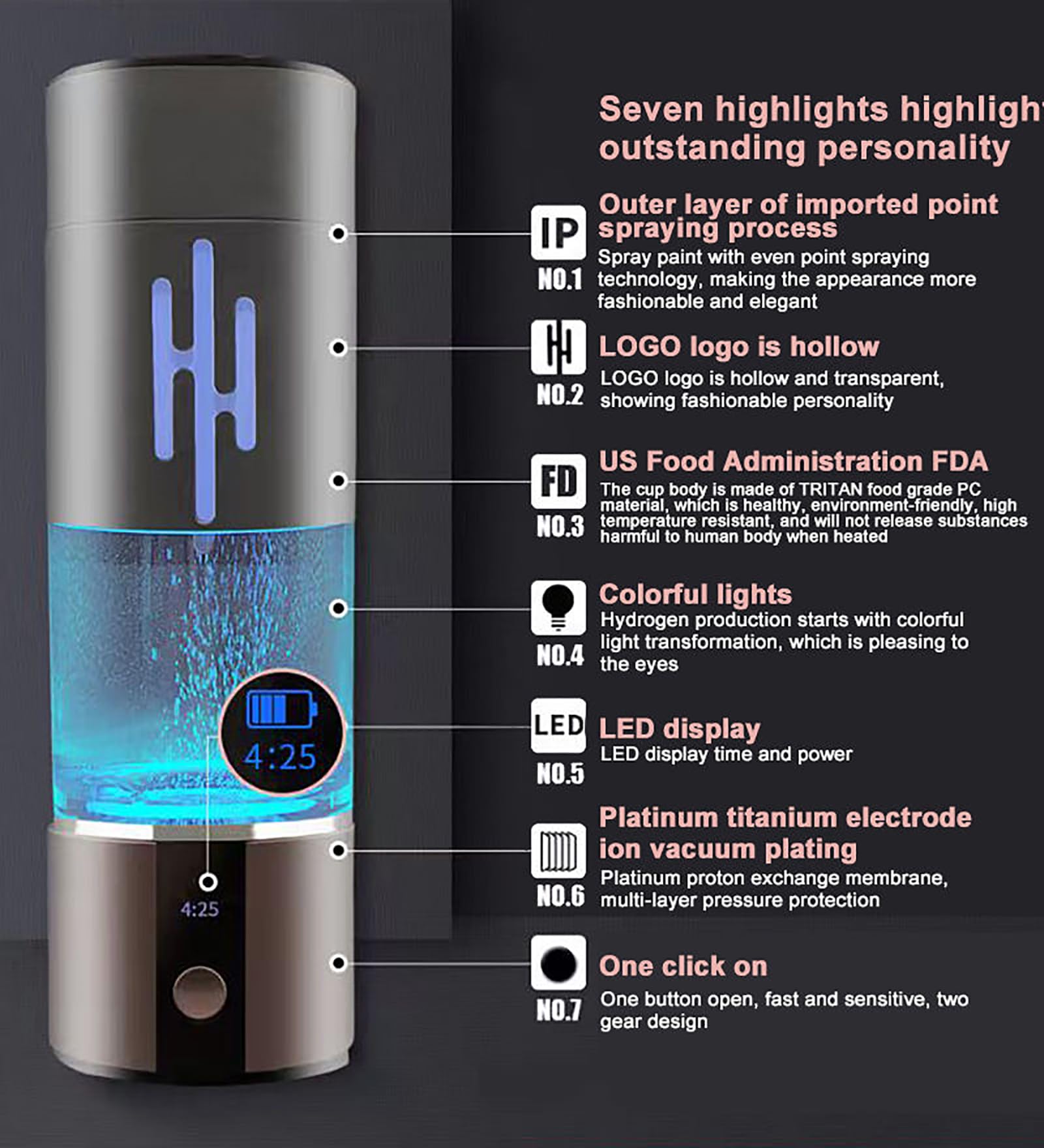 Generador de Agua de hidrógeno en Botella con tecnología SPE/PEM, Produce Agua de hidrógeno de Alta concentración en 5 Minutos, para el hogar, la Oficina, Viajes, Fitness y Bebidas