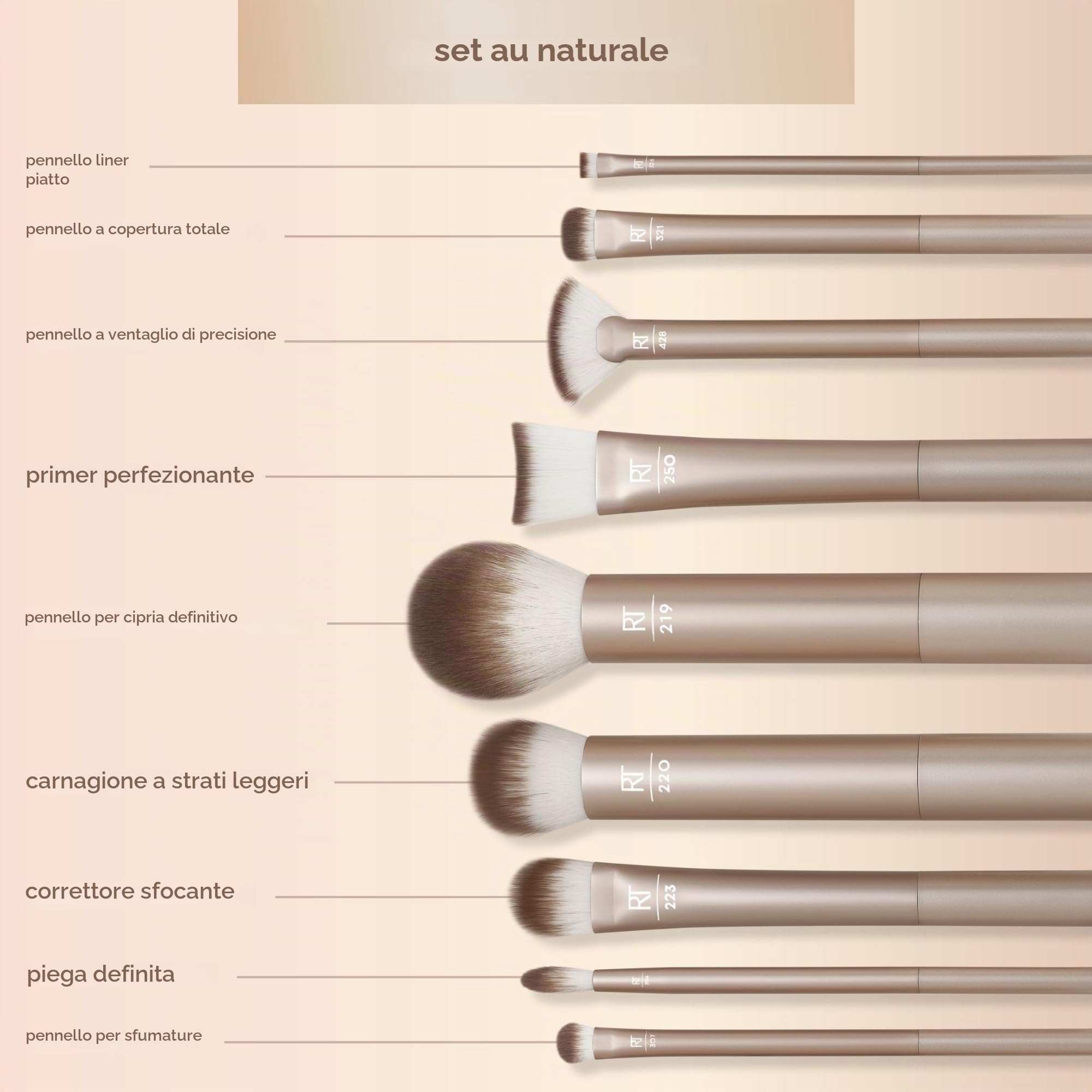 Real Techniques Au Naturale - Set di pennelli per fondotinta, ciprie e correttori, set di 9 pezzi