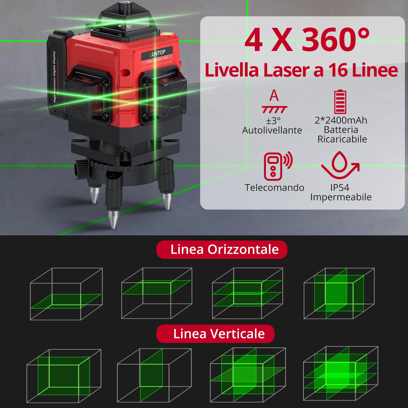 XUNTOP Livello Laser Autolivellante Verde 16 Linee 4x360° con Telecomando, 2×Batterie Ricaricabili 2400mAh (6 Ore), IP54, Base Magnetica Livello Laser 360 gradi per Piastrelle, Soffitti, Mobili