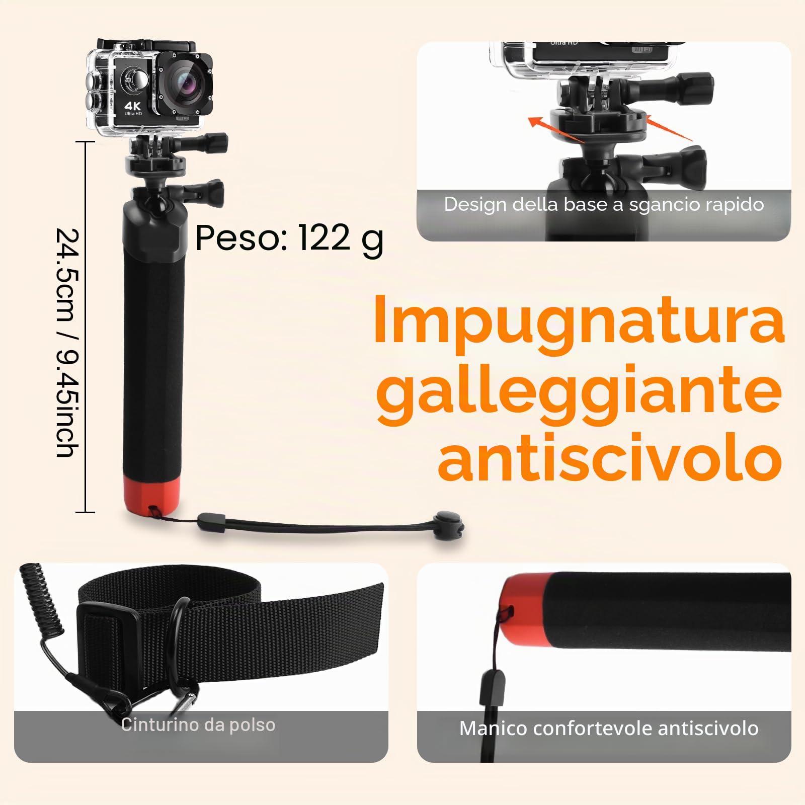 Wiseten Impugnatura Galleggiante Impermeabile per GoPro, Bastone Selfie Subacqueo con Testa a Sfera a 360° per GoPro Hero 13 12 11 10 9 8 Black DJI Osmo Action 5 Pro Fotocamera Accessori