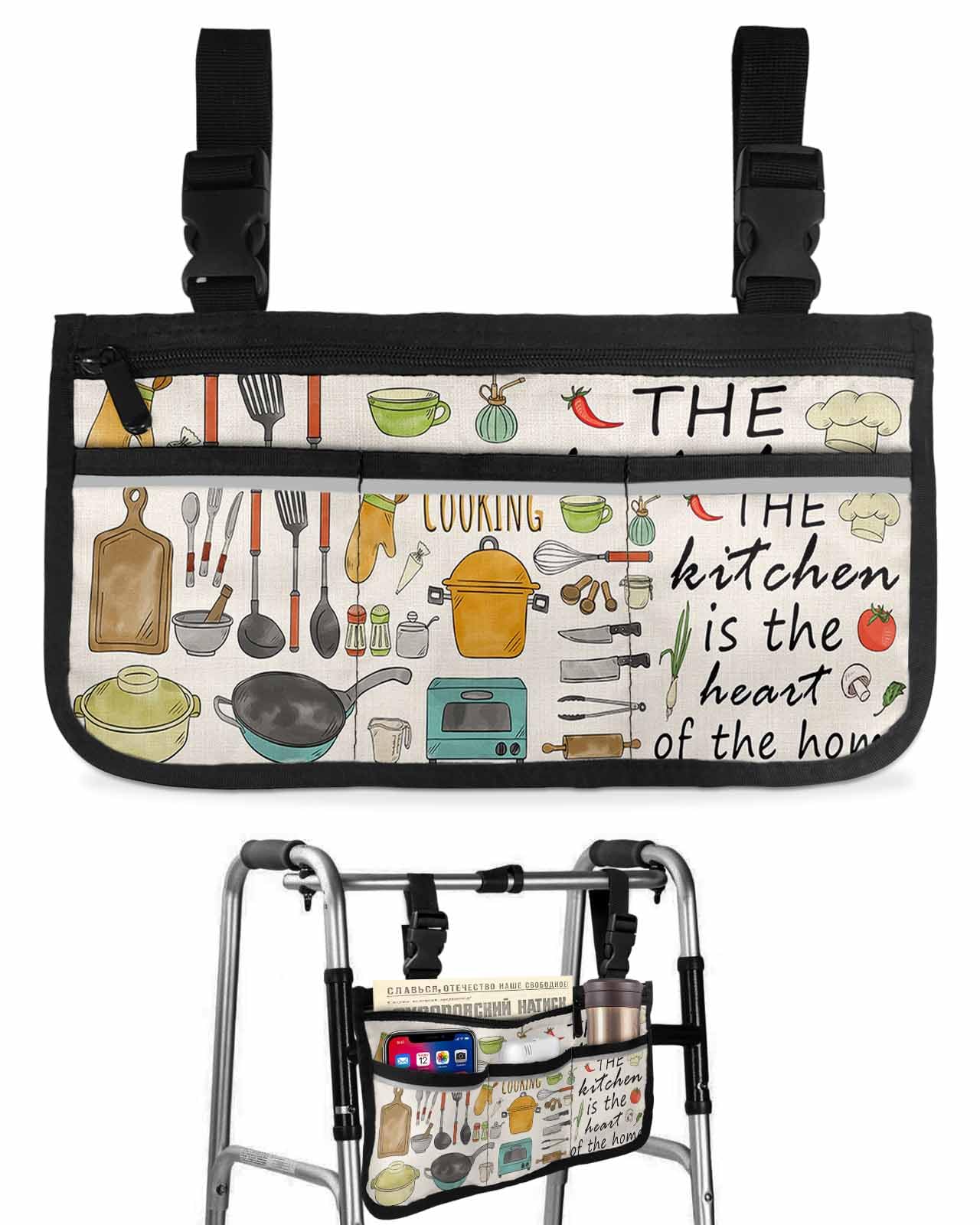 Simple Drawn Kitchen Cooker Wheelchair Side Bag Walker Bag, Vintage Cooking Wheelchair Accessories Armrest Pouch, Organizer Storage Bag for Walkers, Rollators, Scooters, 7.3''x13''
