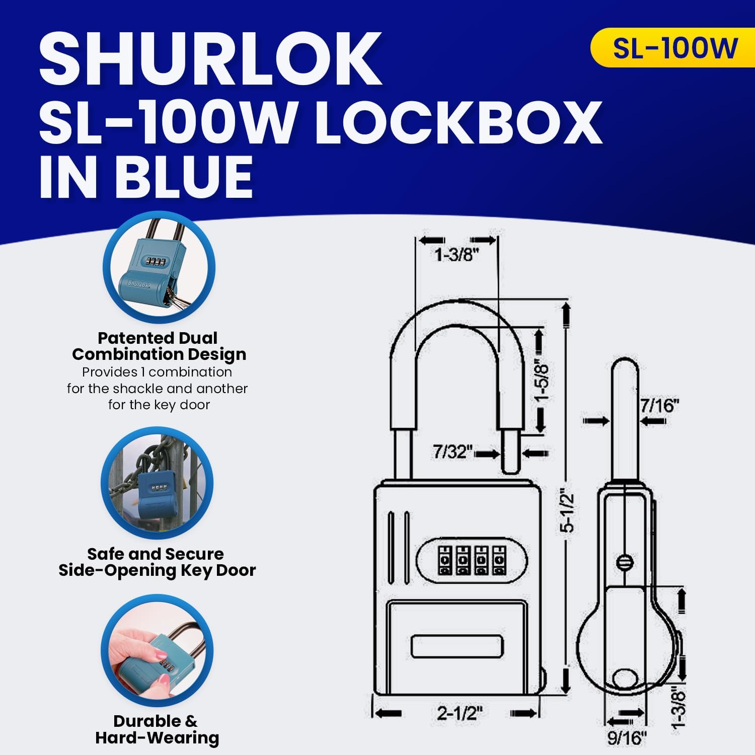 ShurLok SL-100W 4-Dial Dual Combination Lock Box, Durable Combo Lock For Outdoor Storage & Home Improvement, Door Lock & Locker Lock With Side Key Door, 9 x 5.8 x 1.6 Inches, Blue