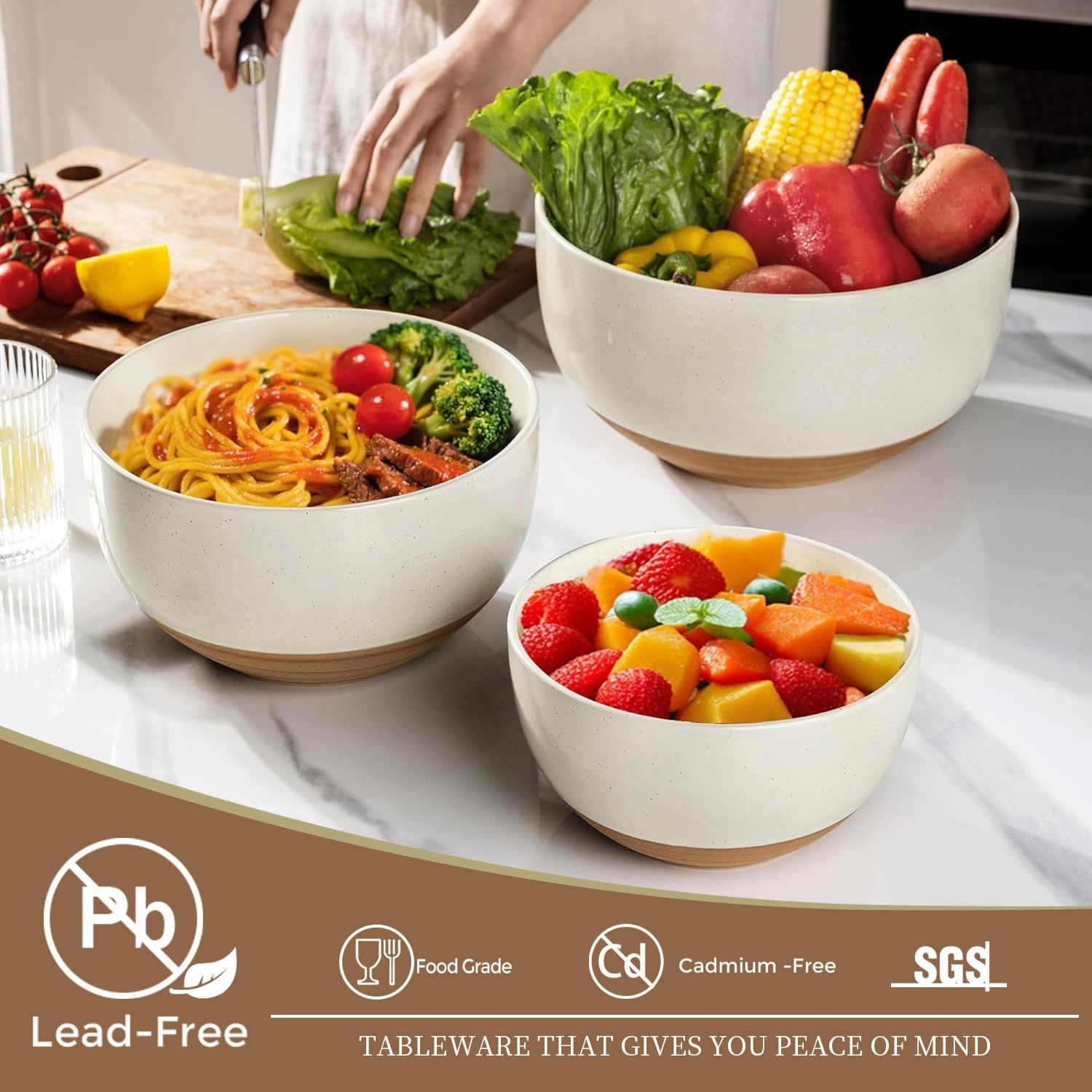 AmorArc Ceramic Mixing Bowls|Nesting Bowls Set of 3 for Kitchen|Stoneware Serving Bowls with Rustic Terracotta Underside for Mixing,Cooking,Baking,Salad| Microwave & Dishwasher Safe 4.6/2.8/1.3 Qt