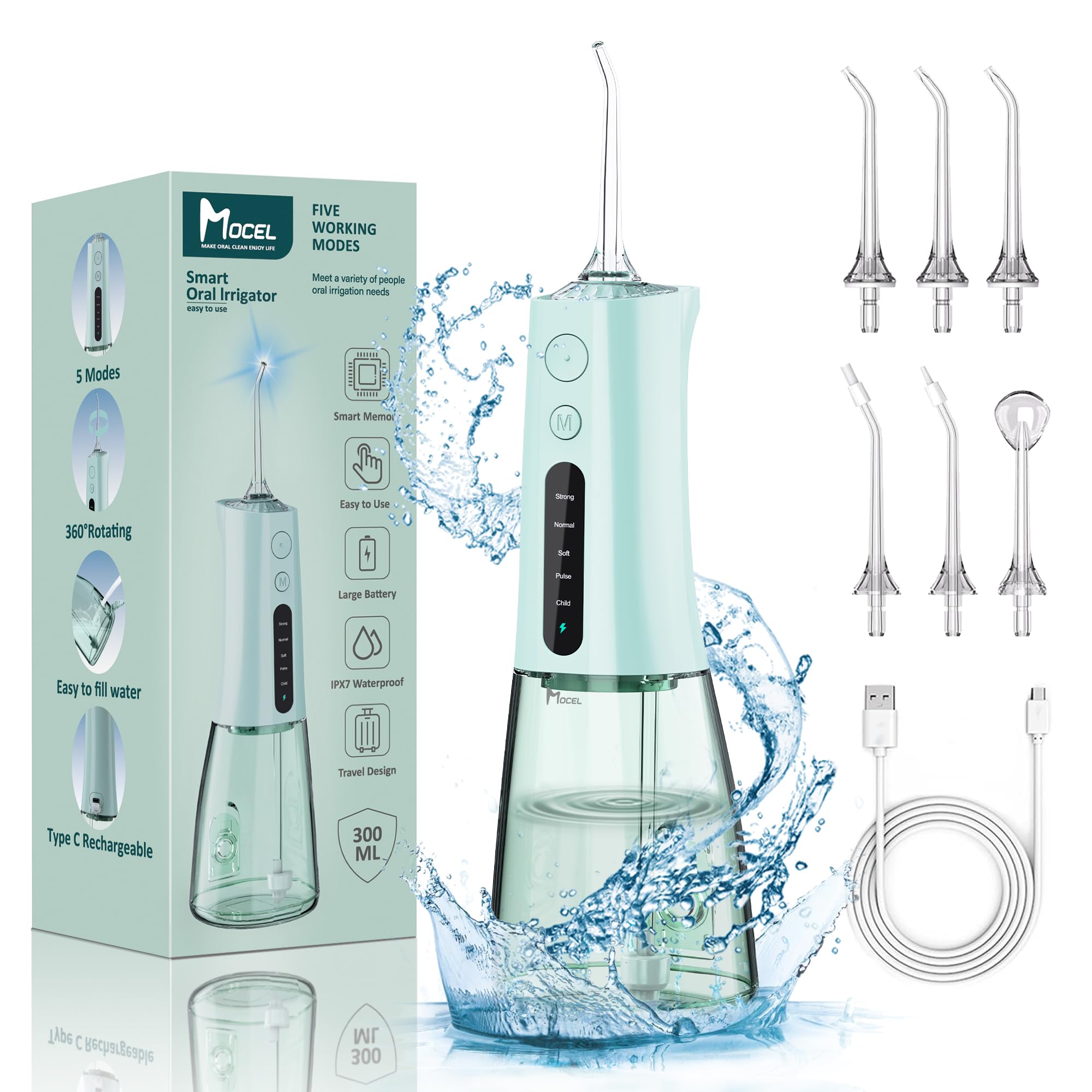 Water Dental Flosser OLED Display Cordless Teeth Cleaning MOCEL 5 Modes Oral Irrigator 300ML Portable and USB C